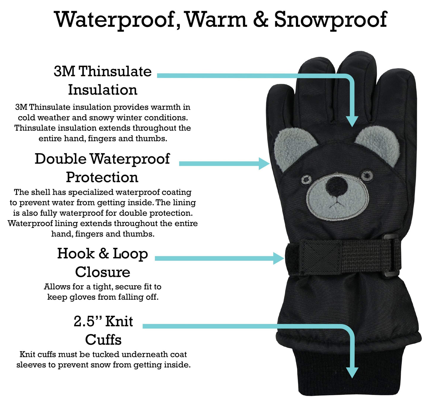 N'Ice Caps Kids Waterproof Snow Gloves Cute Animals Winter Warm Thinsulate (Puppy Black, 5-6 Years)