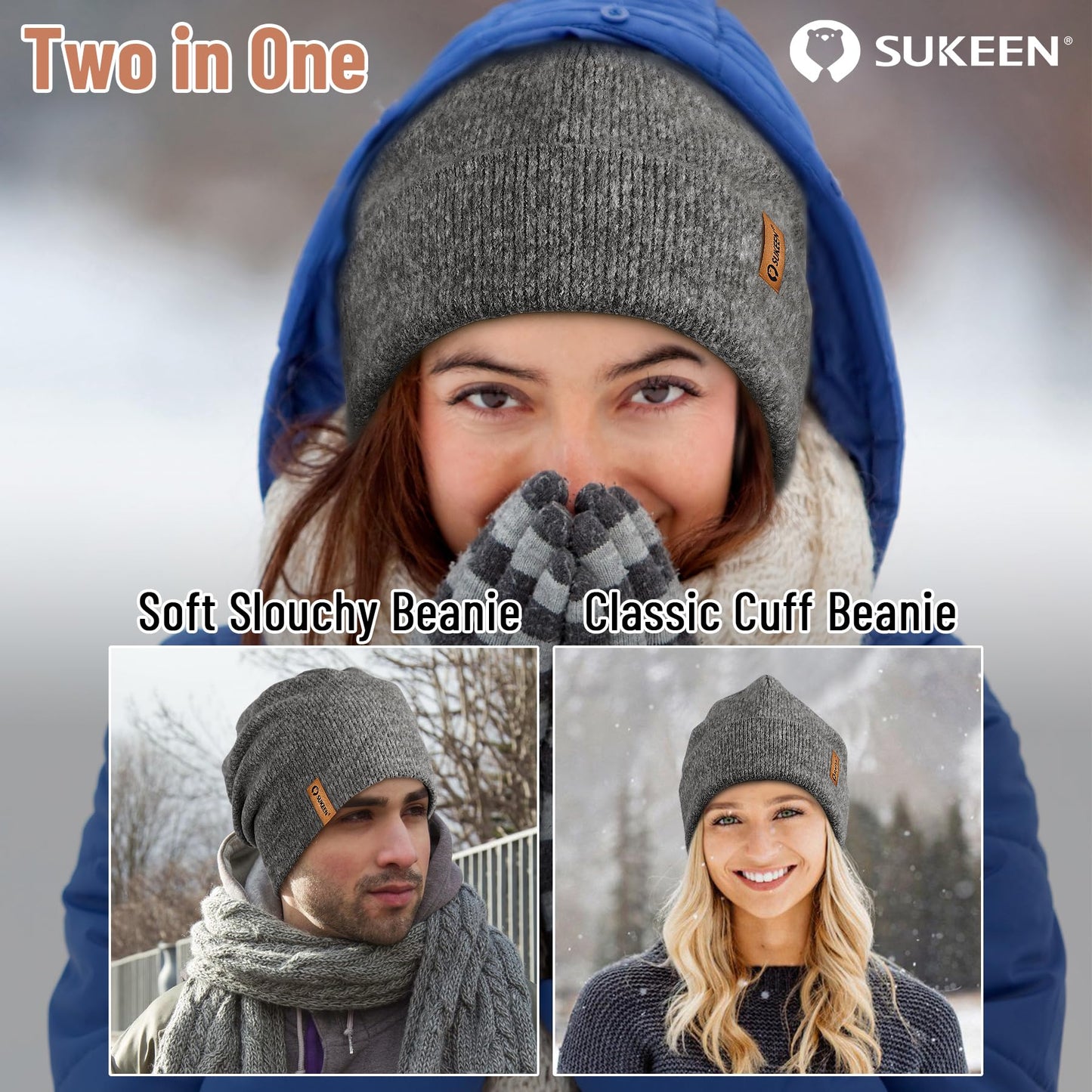 Sukeen Unisex Winter Beanie for Men and Women Soft Double-Layer Slouchy Skull Caps Warm Knitted Cuff Hat for Daily Outdoor Dark Gray