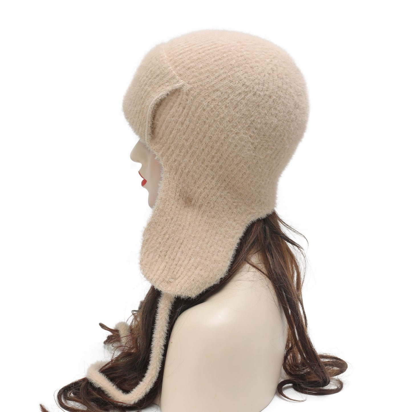ZLYC Women Winter Knitted Earflap Beanie Hat Soft Cashmere Feel Warm Ski Skully Cap (Plain Beige)