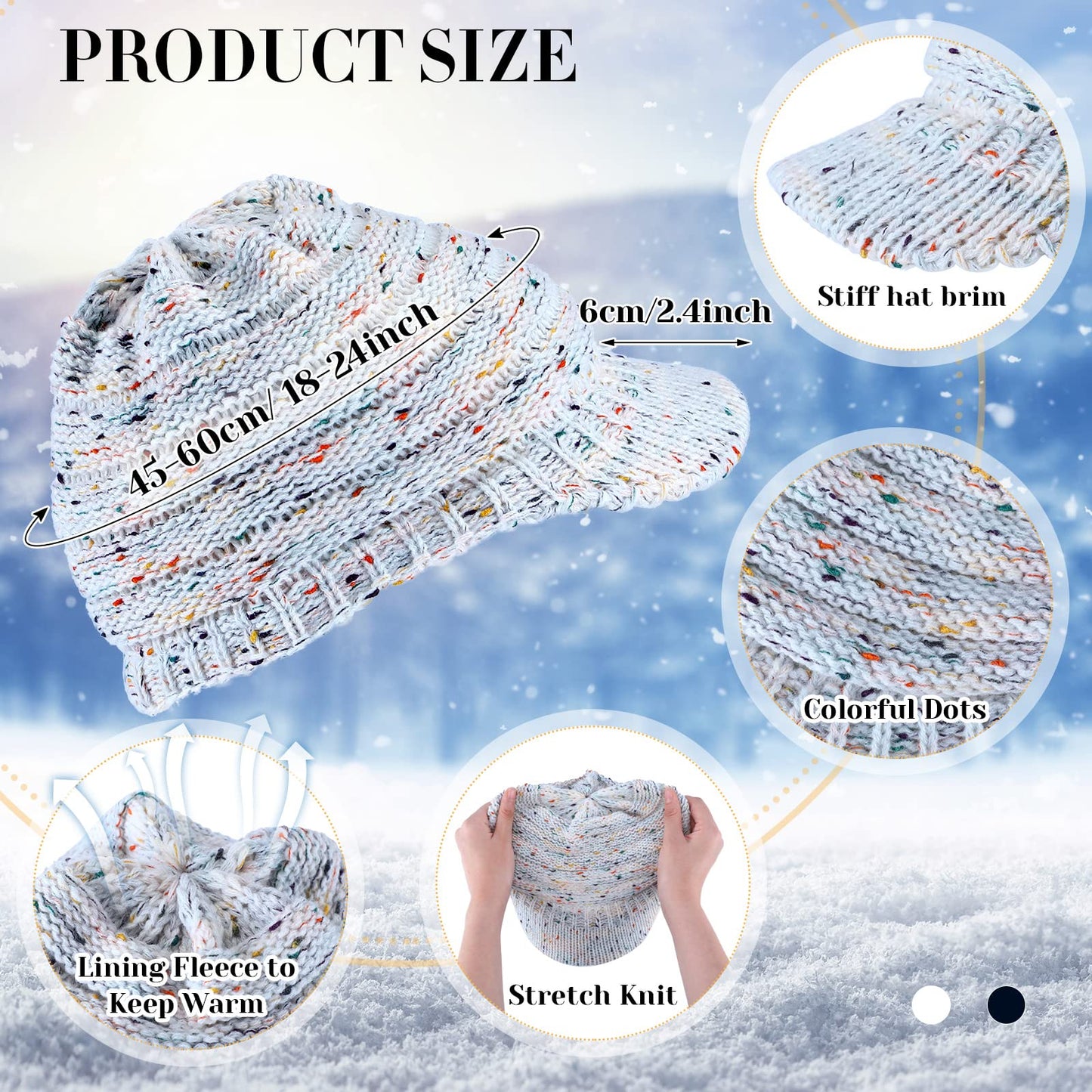 Neer 2 Pcs Women Winter Beanie with Visor Knit Hat with Brim Warm Soft Chunky Newsboy Hats Grey Black Snow Cap