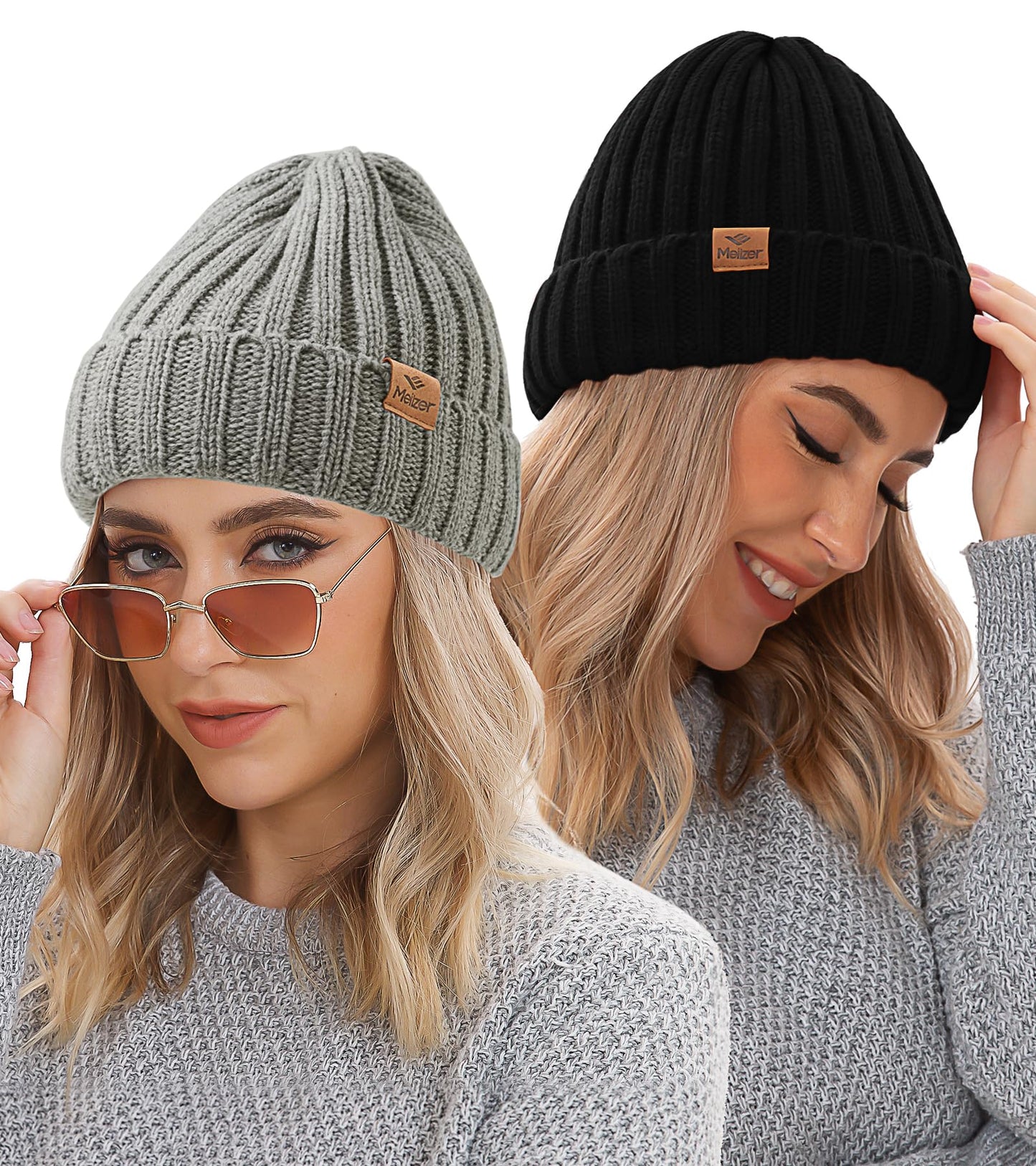 Meilzer Winter Hats for Women Fleece Lined Beanie Knit Chunky Womens Snow Cap (US, Alpha, One Size, Black/Grey)