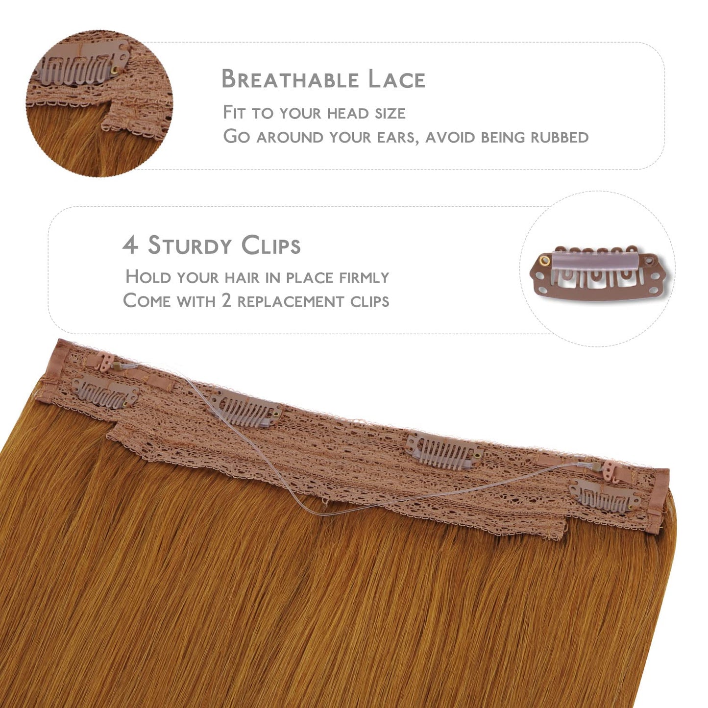 WENNALIFE Wire Hair Extensions (Increase 50% Lifespan) Real Human Hair 12 inch 70g Auburn Ginger Remy Wire Hair Extensions Invisible Transparent Fish Line Straight Real Hair Extensions