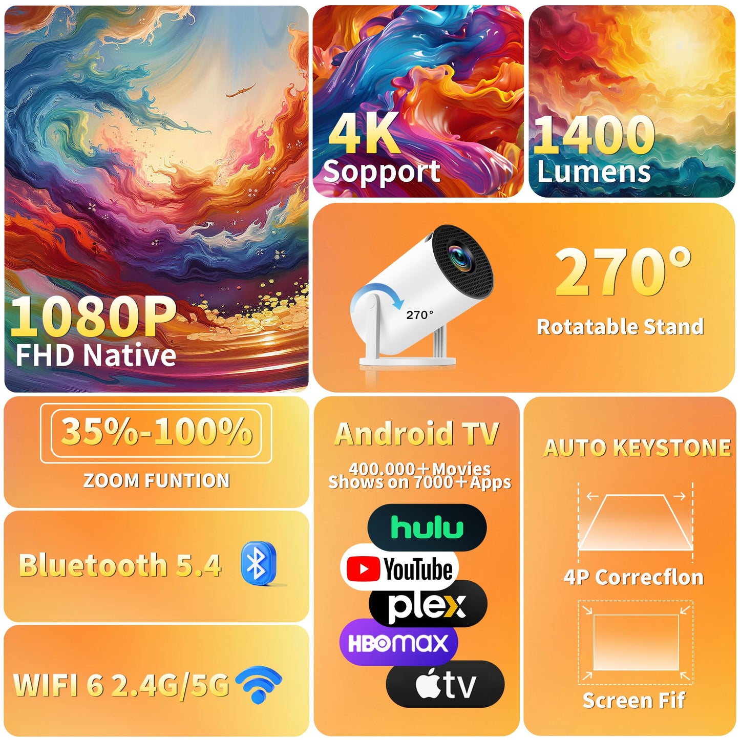 Mini Projector, Support 4K 1080P Portable Projector with Dual Band WiFi6 5G and Bluetooth 5.4, 270° Rotatable, Auto Keystone Correction, 35"-100" Video Projecto Compatible with HDMI/USB/Phone - White