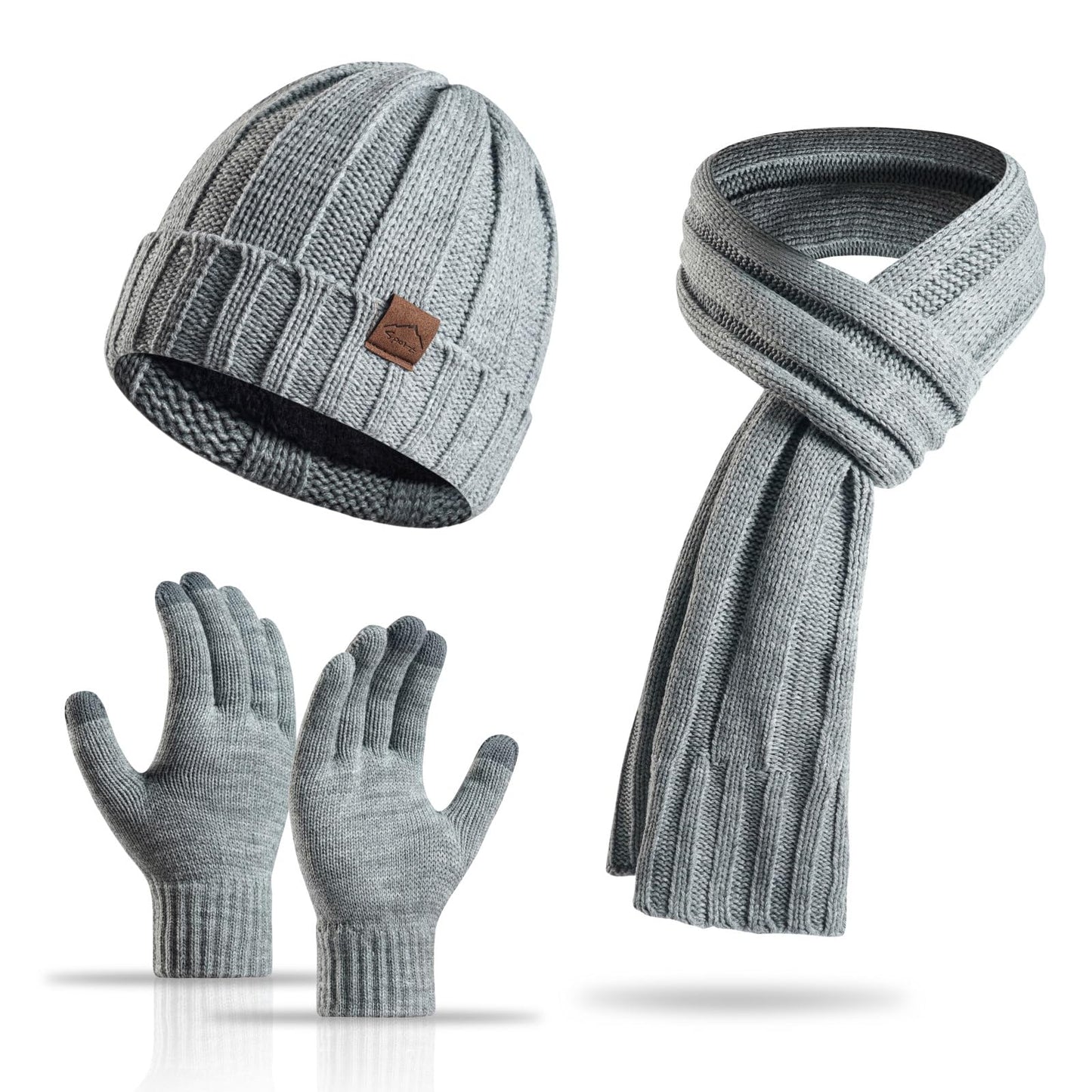Yvechus 3 in 1 Winter Beanie Hat Scarf and Gloves Set Warm Knit Hat Thick Fleece Lined for Men Women (C style-Light Grey)