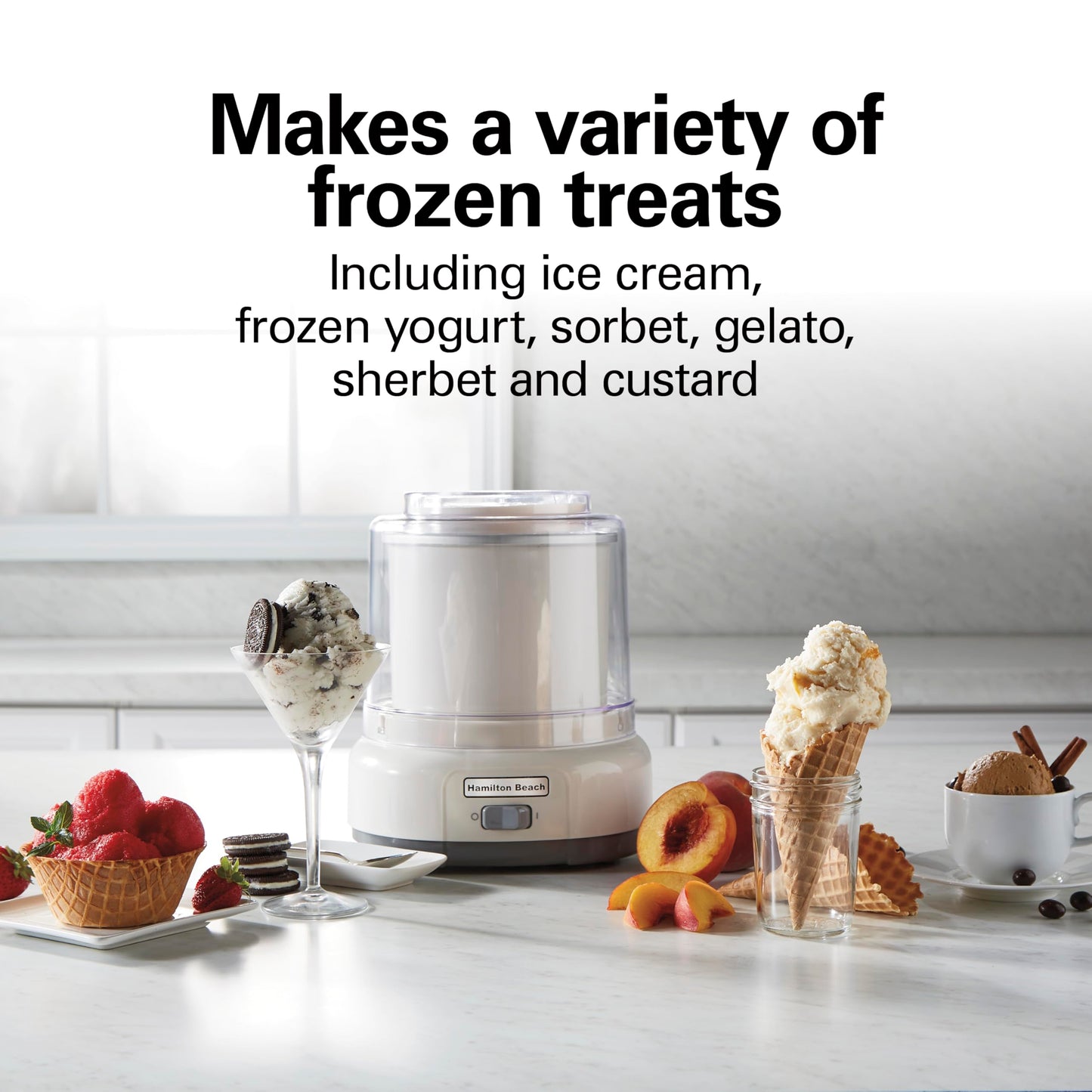 Hamilton Beach Electric Automatic Ice Cream Maker, Frozen Yogurt, Sorbet, Custard, 1.5 quart, White (68880)