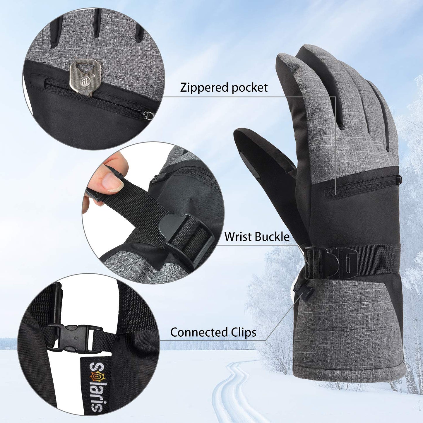 Solaris Waterproof Winter Gloves with Card Pocket, Warm Cozy 3M Thinsulate Ski Gloves for Snowboarding, Shoveling & Outdoor Sports, Gift Idea for Women Men