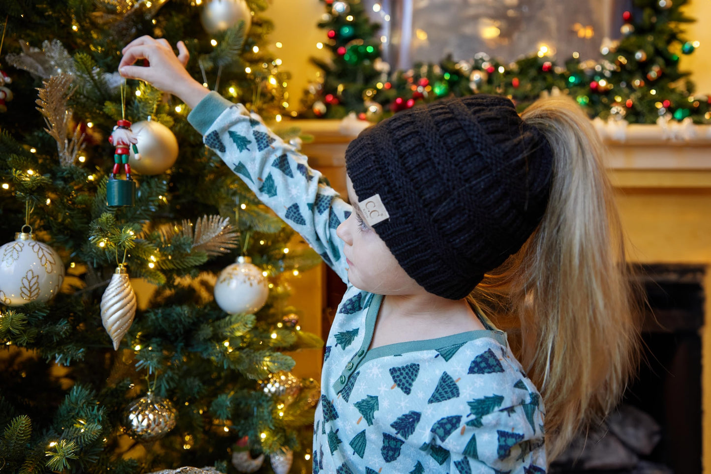 Funky Junque Kids Messy Bun Ponytail Winter Knit Hat Girls Beanie Tail - Black