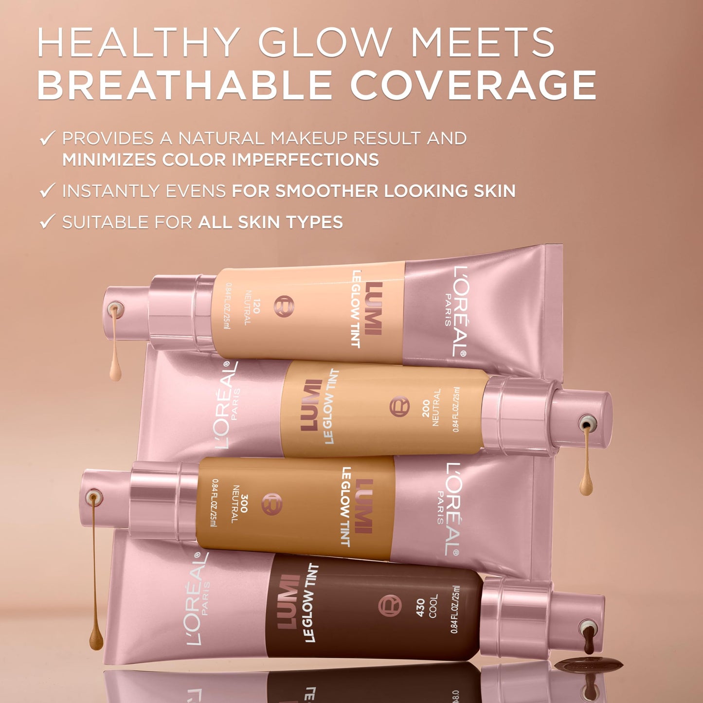 L’Oréal Paris Lumi Le Glow Skin Tint, Lightweight Water-Based Tinted Serum with Foundation-Like Coverage, Glow Illuminator, Neutral 300, 0.85 Fl Oz