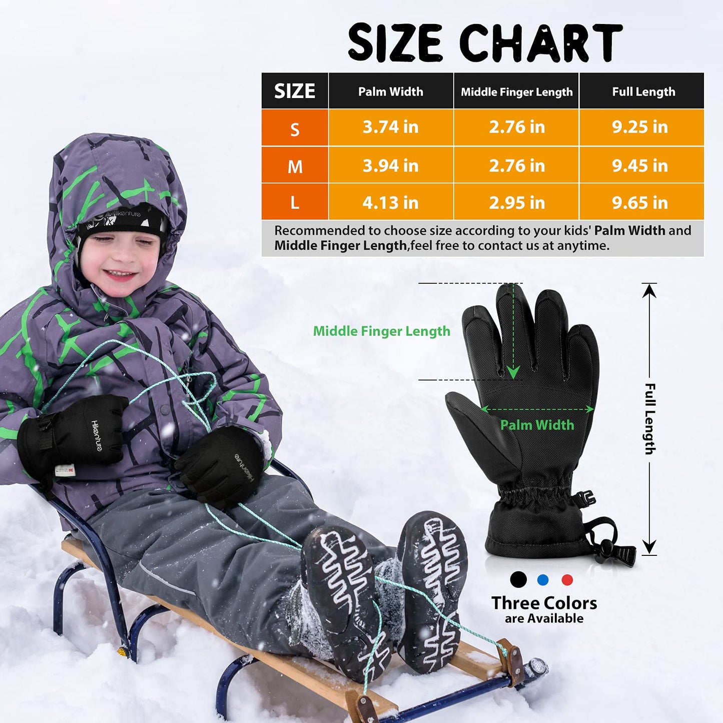 Hikenture Waterproof Kids Snow Gloves,3M Thinsulate Winter Gloves for Boys &Girls,Insulated Ski Gloves for Youth,Childrens,Age 7-9(Black M)