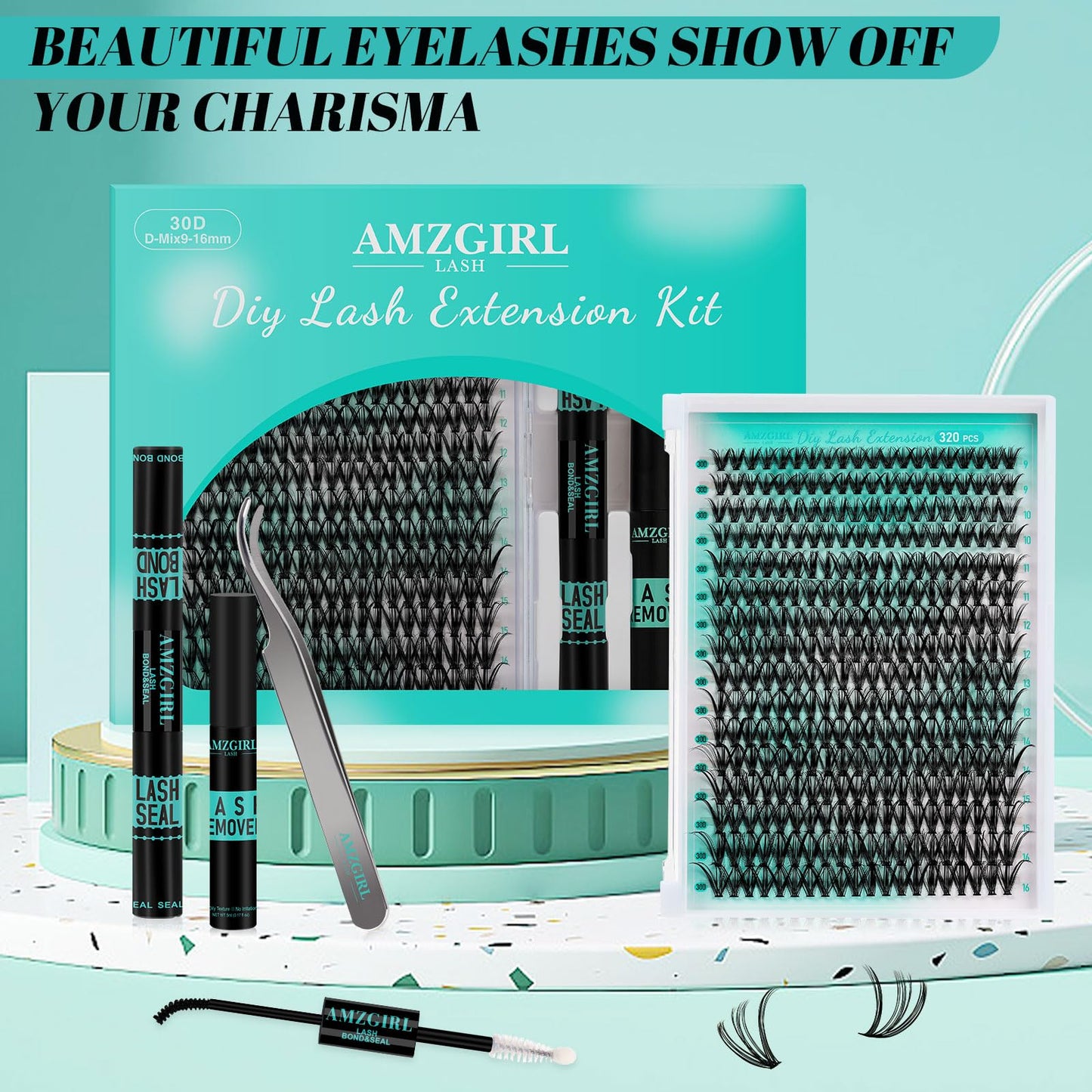 Lash Clusters Kit 320Pcs,30D Eyelash Extension Kit,Lash Bond and Seal Waterproof,Lash Remover for Individual Cluster Lashes Kit,Lash Applicator Tool for DIY Lash Extension Kit(D-Mix9-16mm Kit)
