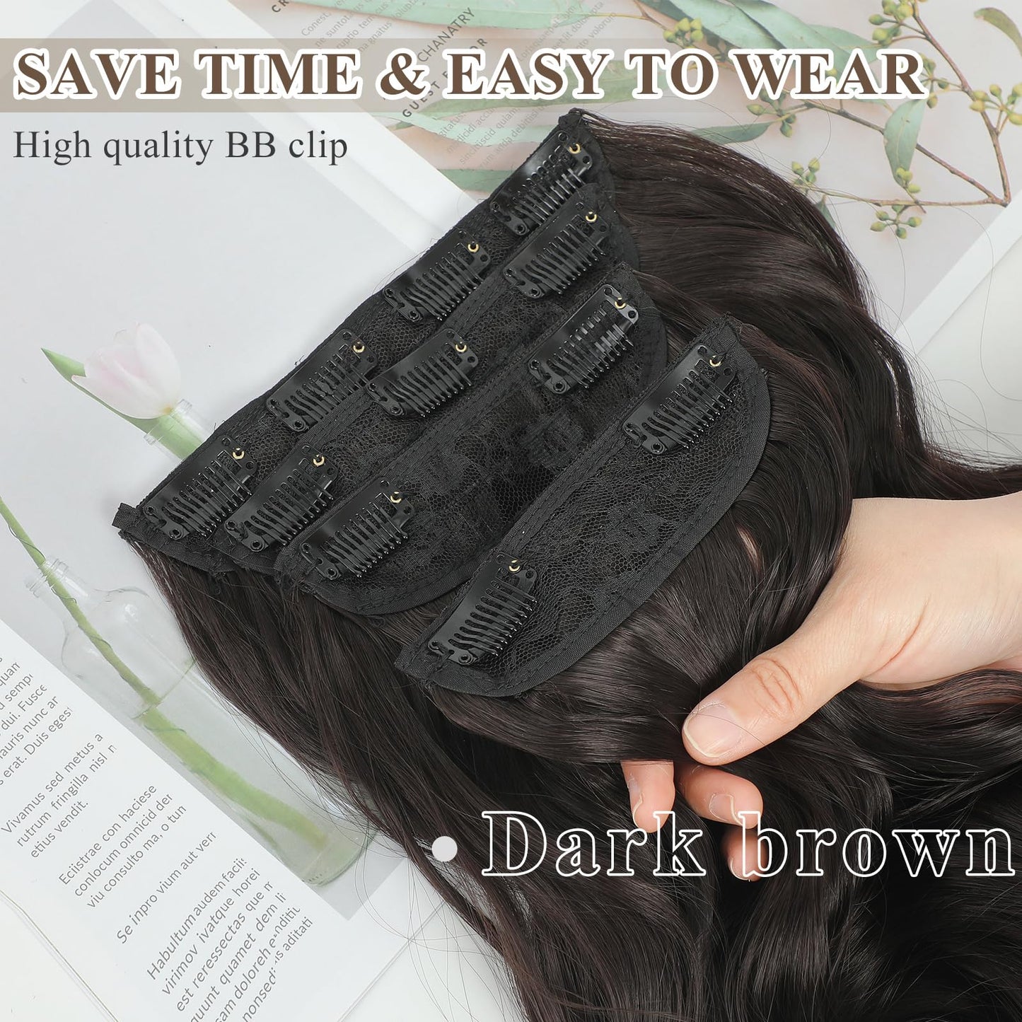 NAYOO 4PCS Clip in Hair Extensions Dark Brown Long Wavy Curly Synthetic Thick Hairpieces for Women with Fiber Double Weft Hair Full Head(20 inch, Dark Brown)