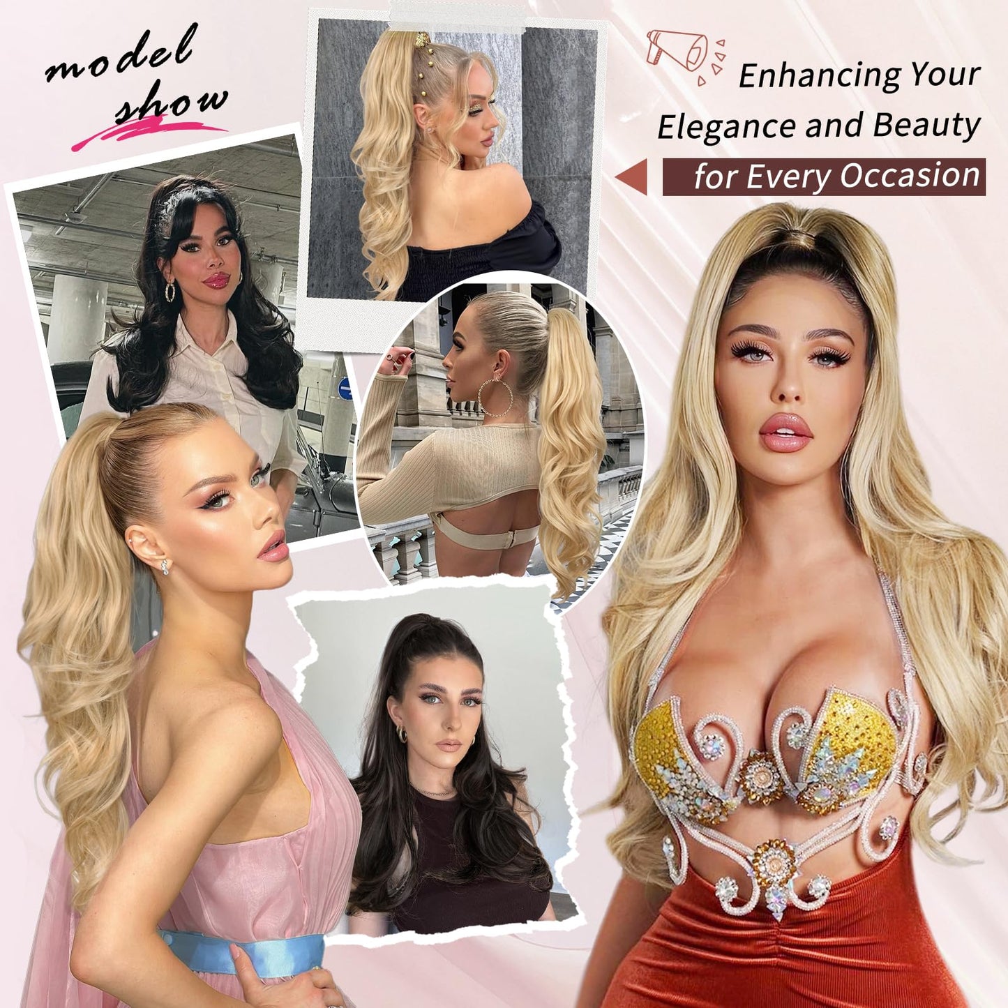 CHRSHN Blonde Ponytail Extension, 26 Inch Drawstring Ponytail Extension for Women Long Blonde Wavy Layered Pony Tails Hair Extensions Synthetic Clip in Ponytail Hairpiece for Women(27/613)
