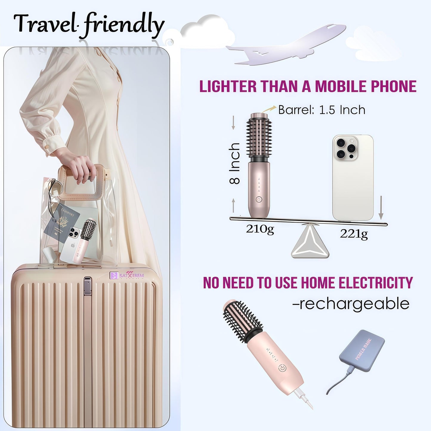 Satxtrem 2-in-1 Cordless Curling Iron & Straightener Brush,Heated Hair Styler with Needle Teeth Comb,USB-C Rechargeable,4 Temp,200M Ionic for Curls/Straightening/Smoothing (Women & Travel) (Pink Gold)