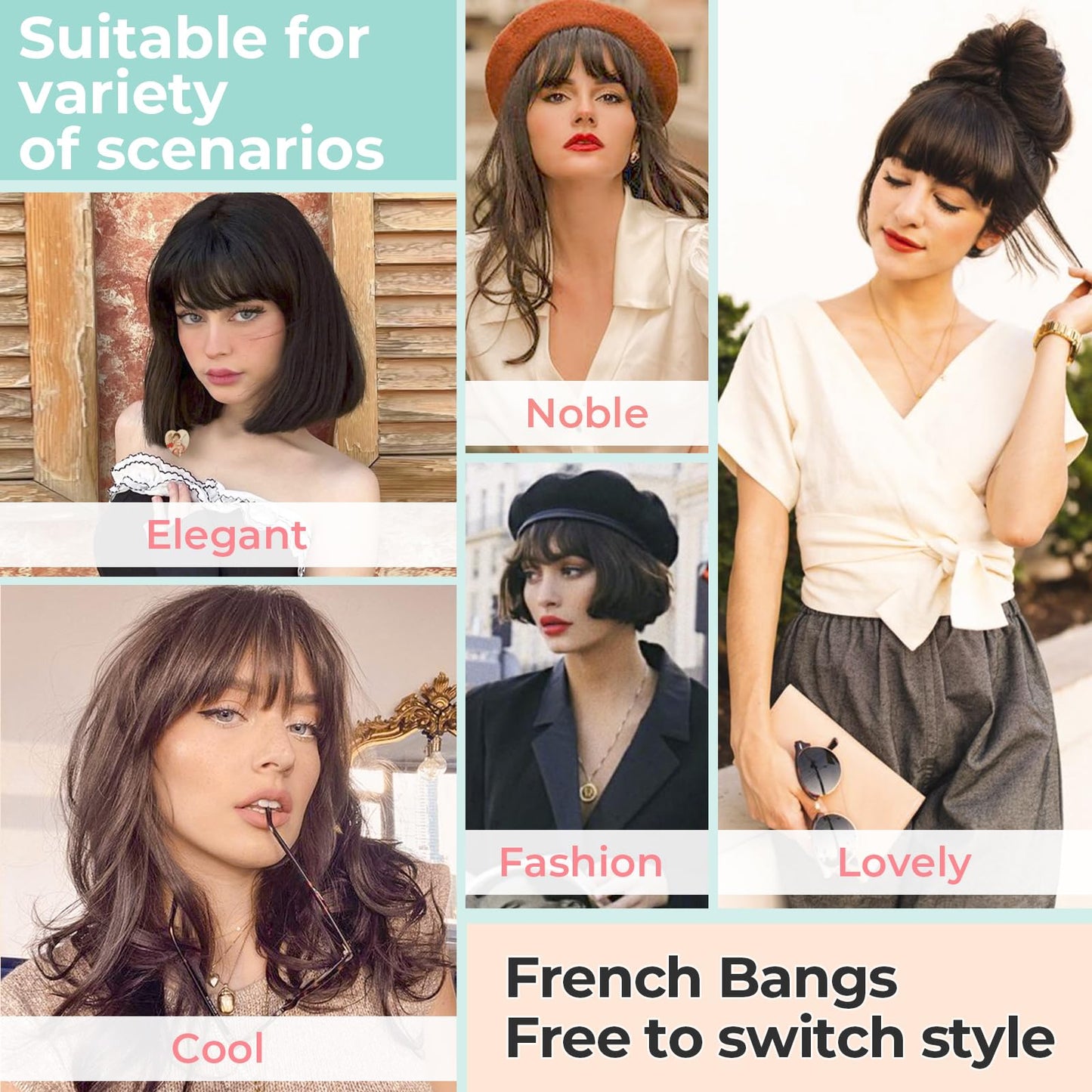 Cephermer Clip in Bangs, Synthetic French Bangs Hair Clip, Fake Bangs Fringe with Temples Hairpieces for Women Natural Curved Hair Extensions for Daily Wear Wine Red
