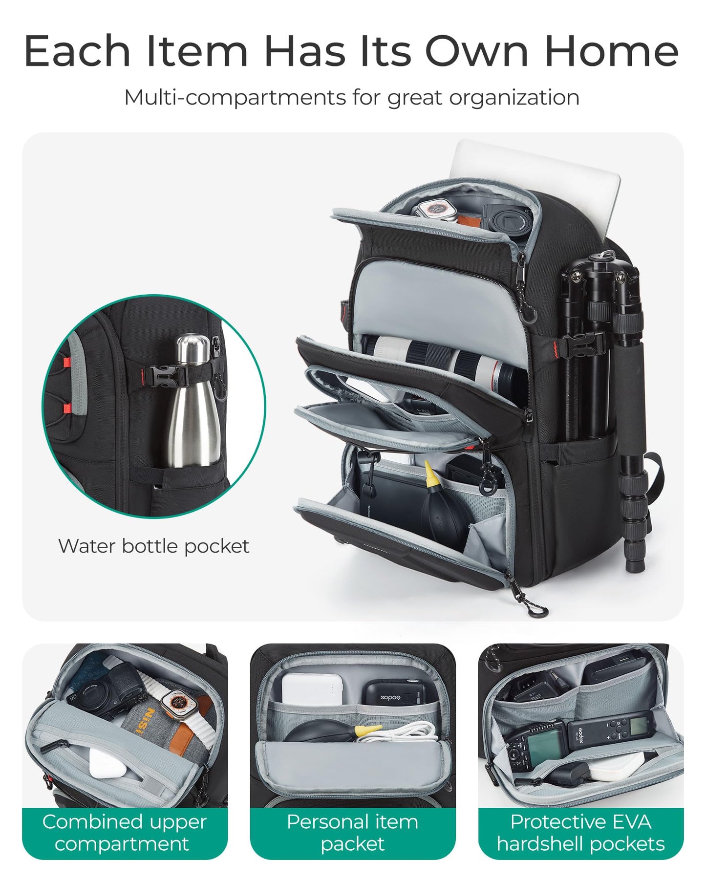 BAGSMART Camera Backpack for Photographers, Professional Camera Bag Backpack Fits up to 15.6" Laptop, DSLR/Drones/Tripod Backpack with Rain Cover, Black