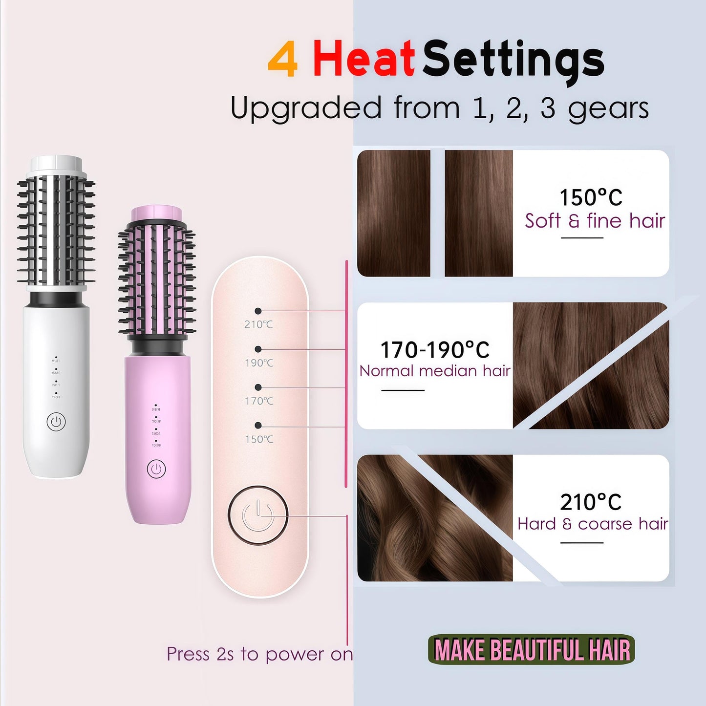 Satxtrem 2-in-1 Cordless Curling Iron & Straightener Brush,Heated Hair Styler with Needle Teeth Comb,USB-C Rechargeable,4 Temp,200M Ionic for Curls/Straightening/Smoothing (Women & Travel) (White)