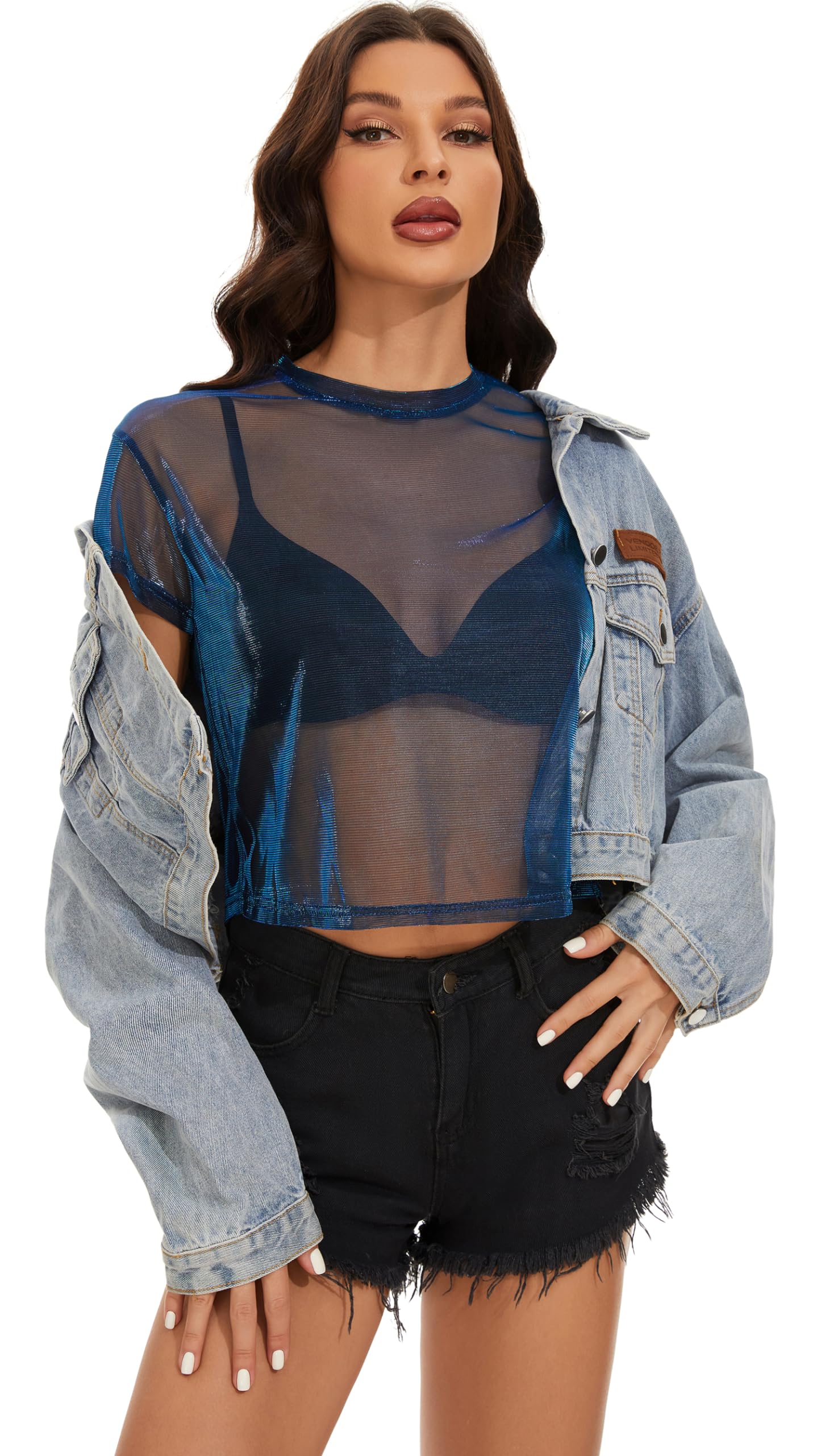 Mesh Tops for Women Short Sleeve Loose See Through Sheer Cover Up Blouse Clubwear (Metallic Shimmer Blue,S)