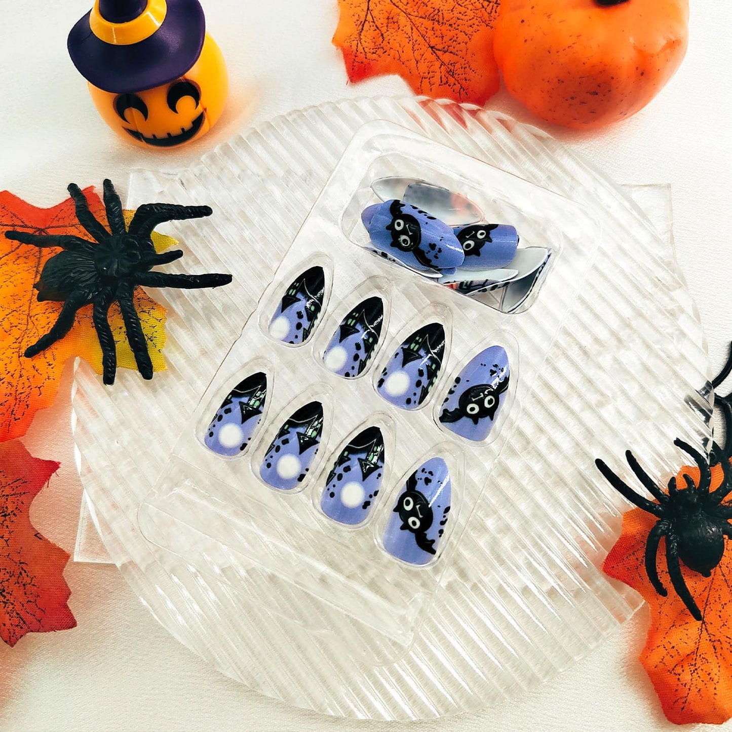Halloween Press on Nails Medium Almond Fake Nails Purple Glue on Nails Cute Bat and Ghost Pattern Design Full Cover Stick on Nails Glossy Acrylic Halloween Nails Press ons for Women Girls 24 Pcs