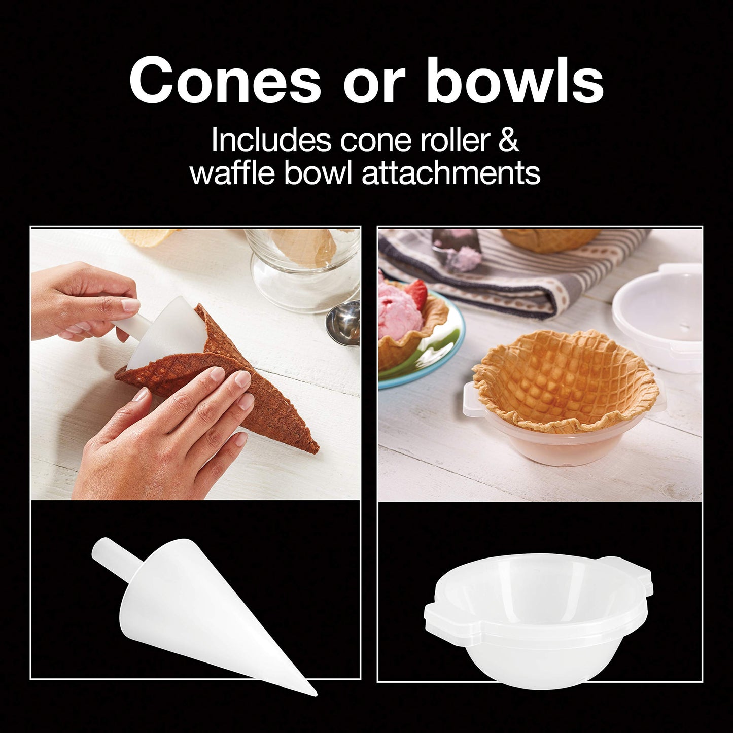 Proctor Silex Waffle Cone and Ice Cream Bowl Maker with Browning Control, Shaper Roller and Cup Press, 7.5” PFAS-Free Nonstick Plates, White (26410MN)