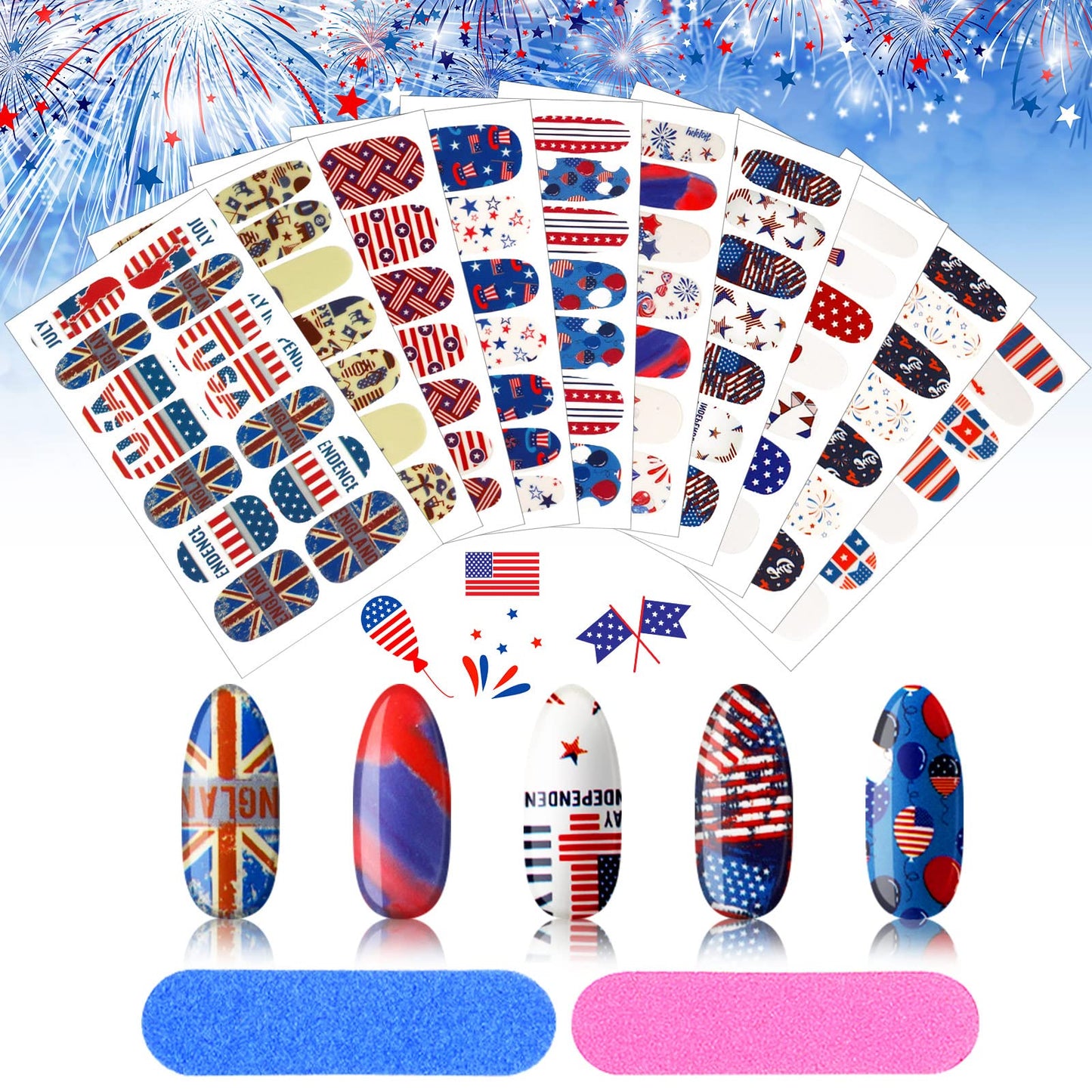 Maitys 140 Pcs 10 Sheets Patriotic Full Wrap Nail Stickers 4th of July Polish Strips Gradient Stickers Memorial Independence Day Glitter Self Adhesive DIY Art Strips with 2 Pcs Nail Files