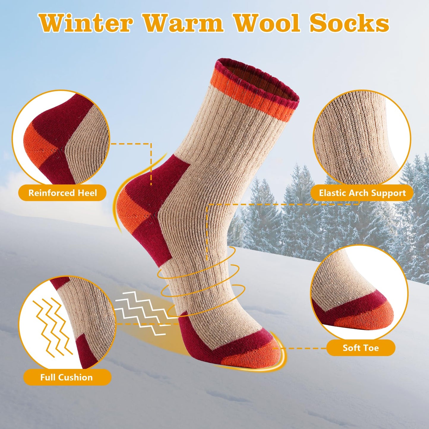 4 Pairs Wool Socks for Men Women - Warm Winter Cozy Merino Wool Socks, Thick Knit Thermal Hiking Socks Boot Socks Crew Socks for Men Women