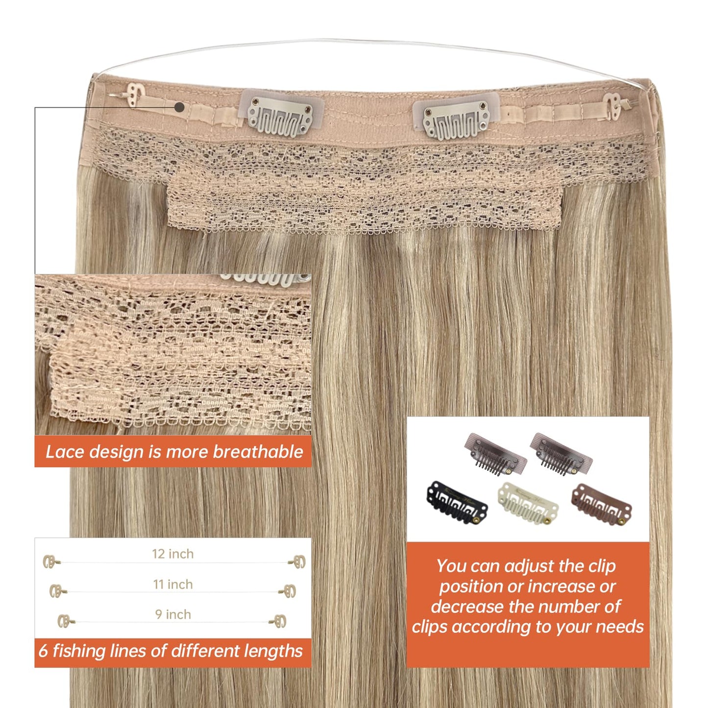 Sunny Wire Hair Extensions Real Human Hair Fish Line Human Hair Extensions Invisible Wire Extensions Golden Blonde with Medium Blonde Highlights #16/22 14 Inch