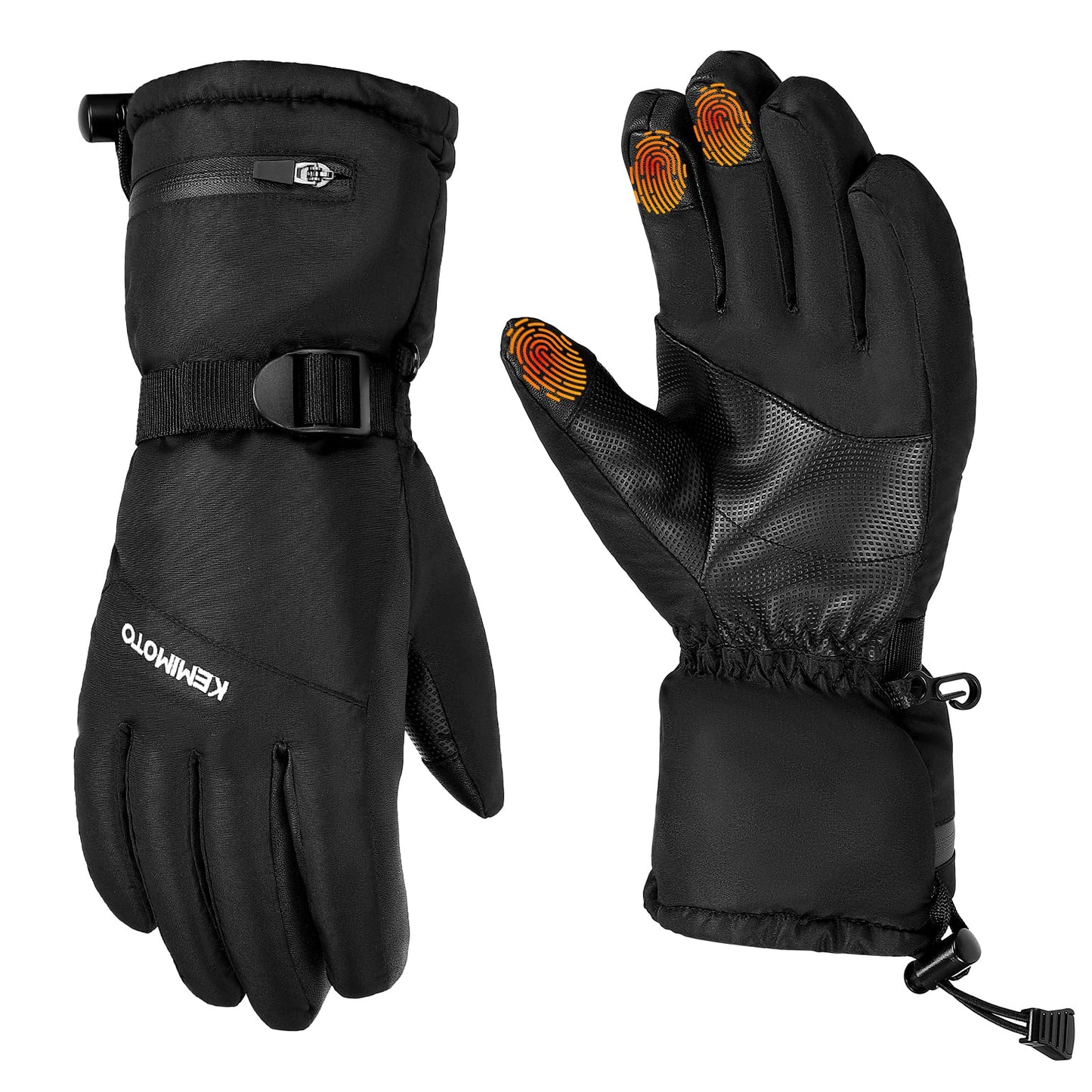 KEMIMOTO Ski Gloves for Men Women, Winter Warm Snowboard Gloves with Wrist Leashes and Pockets, Waterproof Snow Gloves for Skiing, Snowboarding, Shoveling & Outdoor Sports