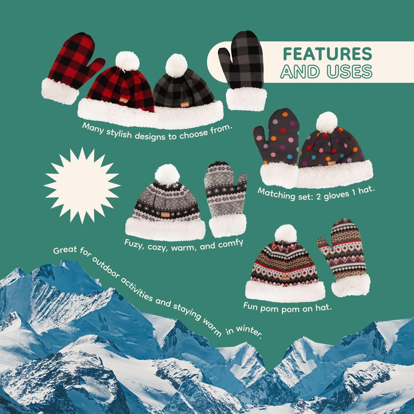 BambooMN Women's Classic Winter Fleeced Thermal Pom Pom Beanie Hat and Mittens Set, Brown Pattern