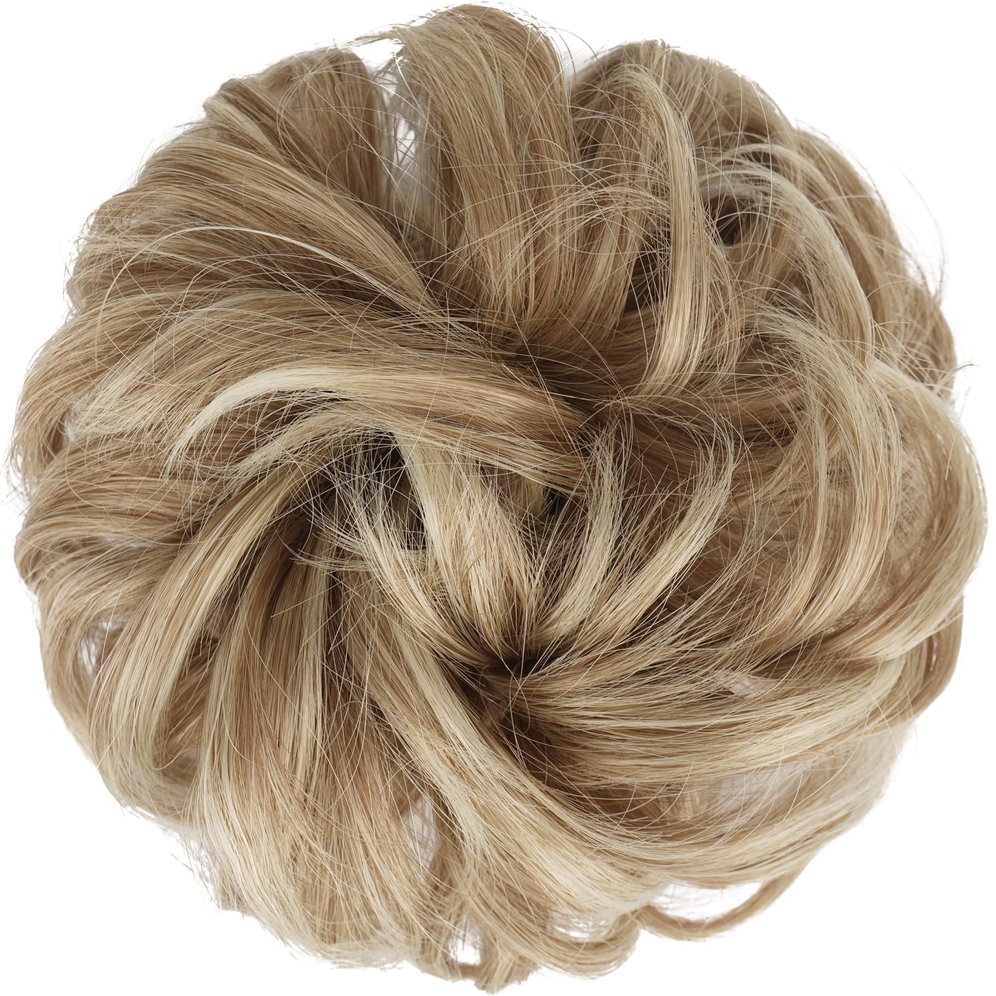 FESHFEN Messy Bun Hair Piece - Elastic Wavy Curly Hair Bun Scrunchies Extensions Synthetic Chignon Hairpieces for Women Girls, Mixed Blonde and Ash Blonde Tips 1 PCS