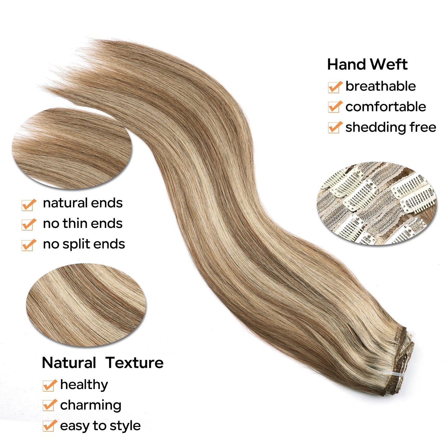 Pobokix Straight Clip In Hair Extensions Real Human Hair 8Pcs Clip In Balayage Chestnut Brown Highlight Blonde Human Hair Extensions with 18Clips Lace Weft 120g 14inch