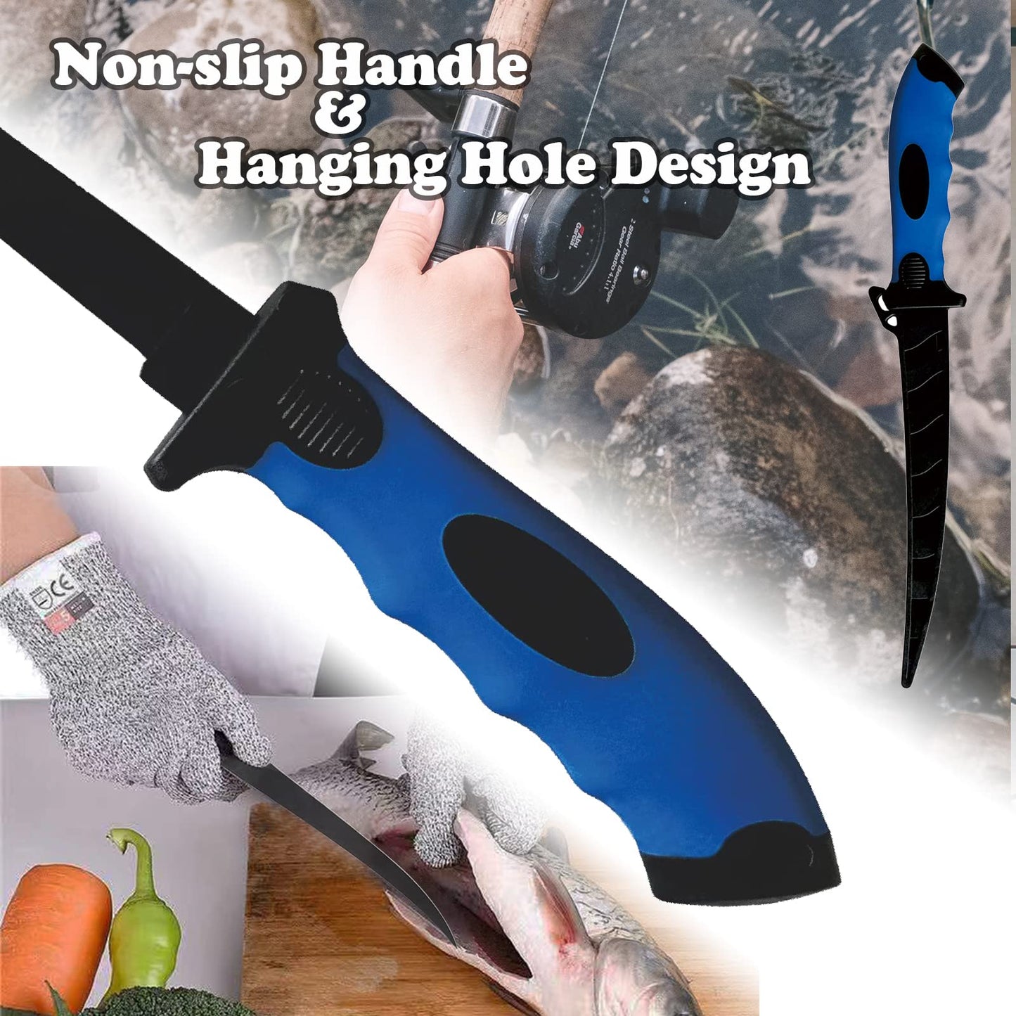 Fish Fillet Knife, 7 Inches Professional Fishing Fillet Knife Set Stainless Steel Blade in Corrosion Resistant Coating, with Sharpener and Cutting Resistant Gloves, for Fishing and Outdoor, Blue