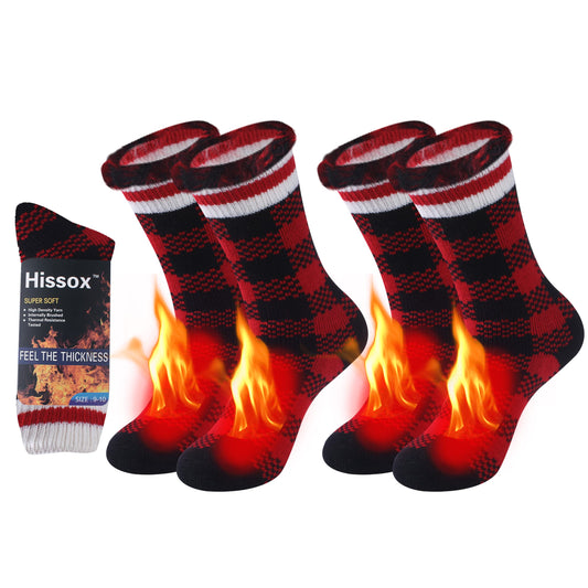 Hissox Thermal Socks For Women, Winter Insulated Heat Socks Cold Weather Hiking Skiing Snowboarding Warm Winter Crew Socks Mens Thermal Socks Thanksgiving 2 Packs, Red Grid, M