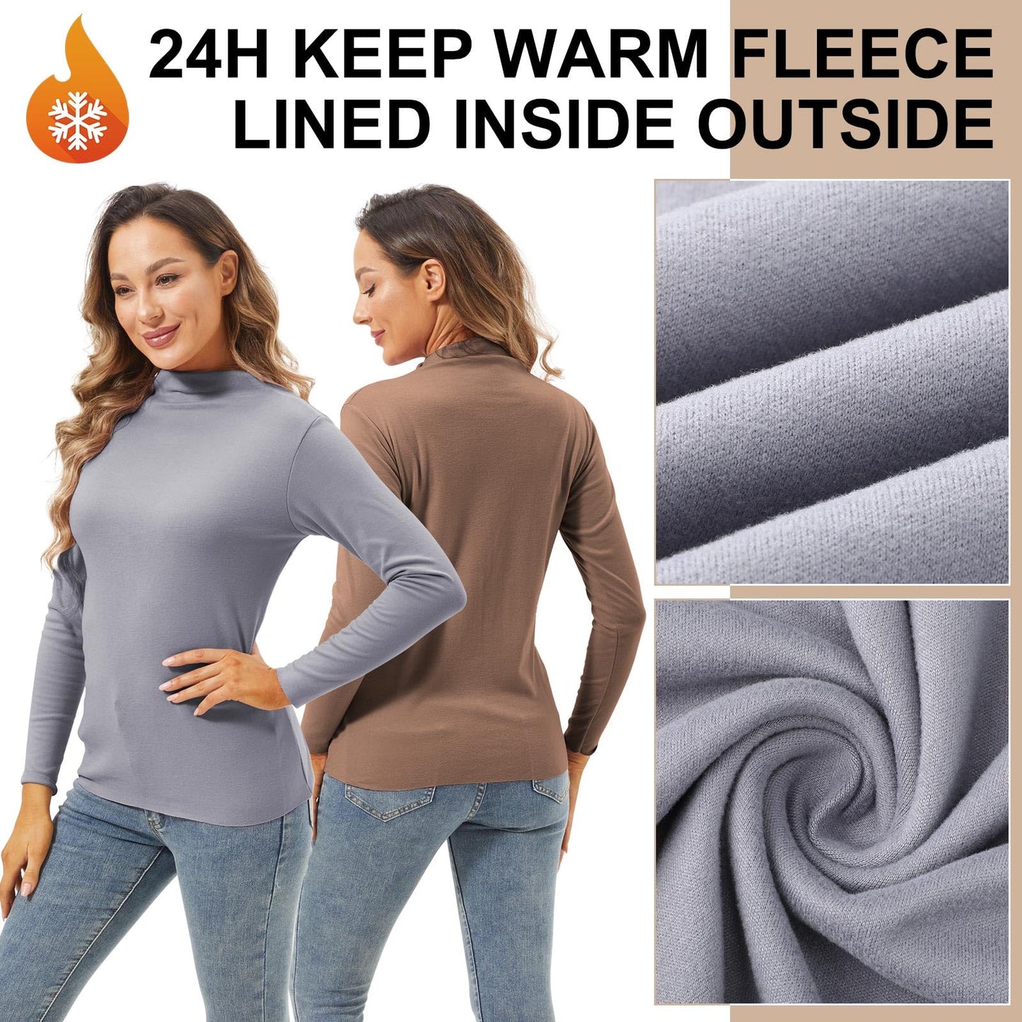 Geyoga 3 Pcs Women Mock Turtleneck Long Sleeve Shirts Neck Slim Fit Traceless Tops Winter Thermal Underwear Fleece Lined Top(Black, Grey, Coffee,L)