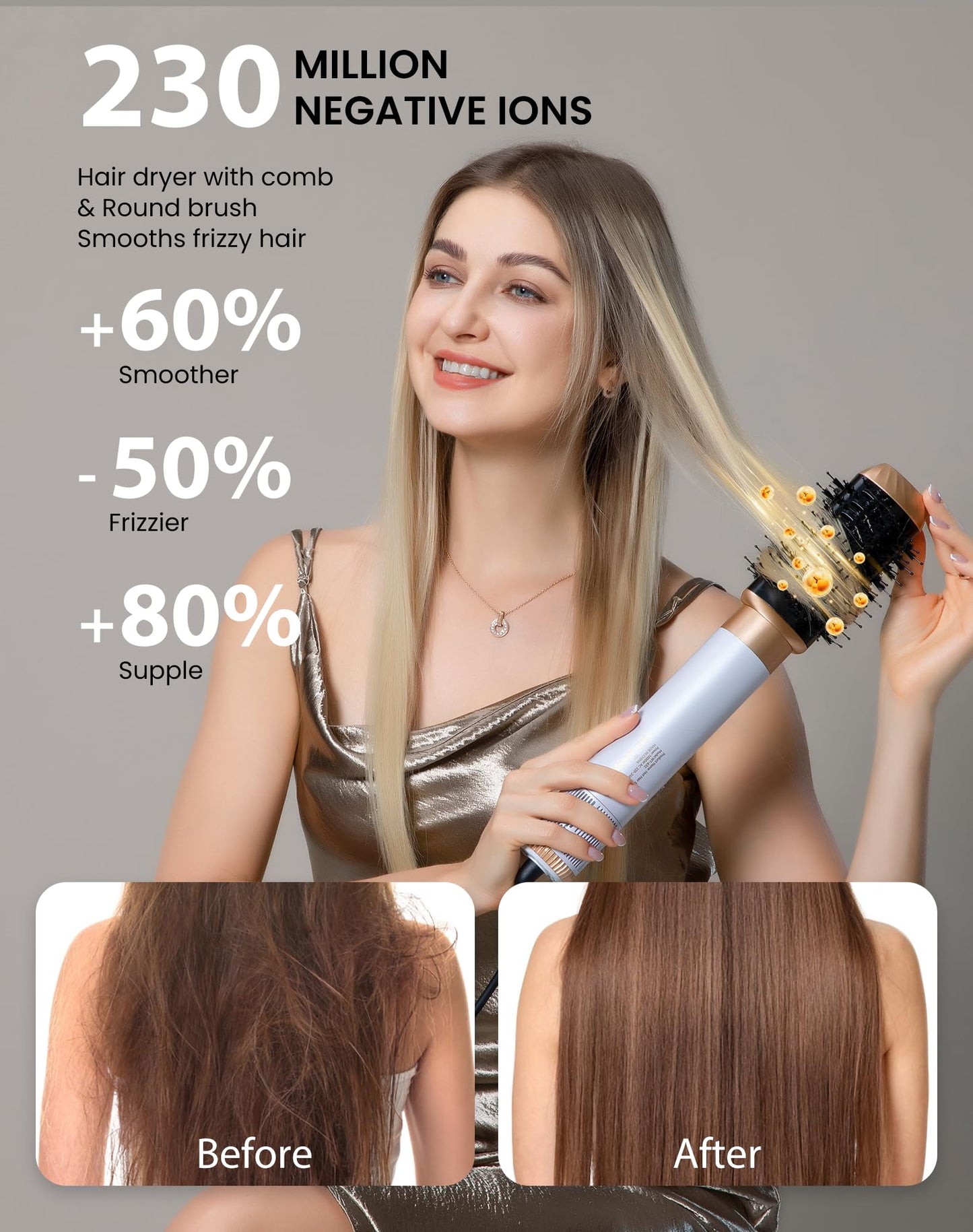 Ukliss 6 in 1 Blow Dryer Brush,Hair Dryer Brush with Ionic Technology, Multifunctional Styler Styling Tools, Auto Air Curler for Hair, Fast Styling for Most Hair Types, Safe ALCI Plug (White Gold)