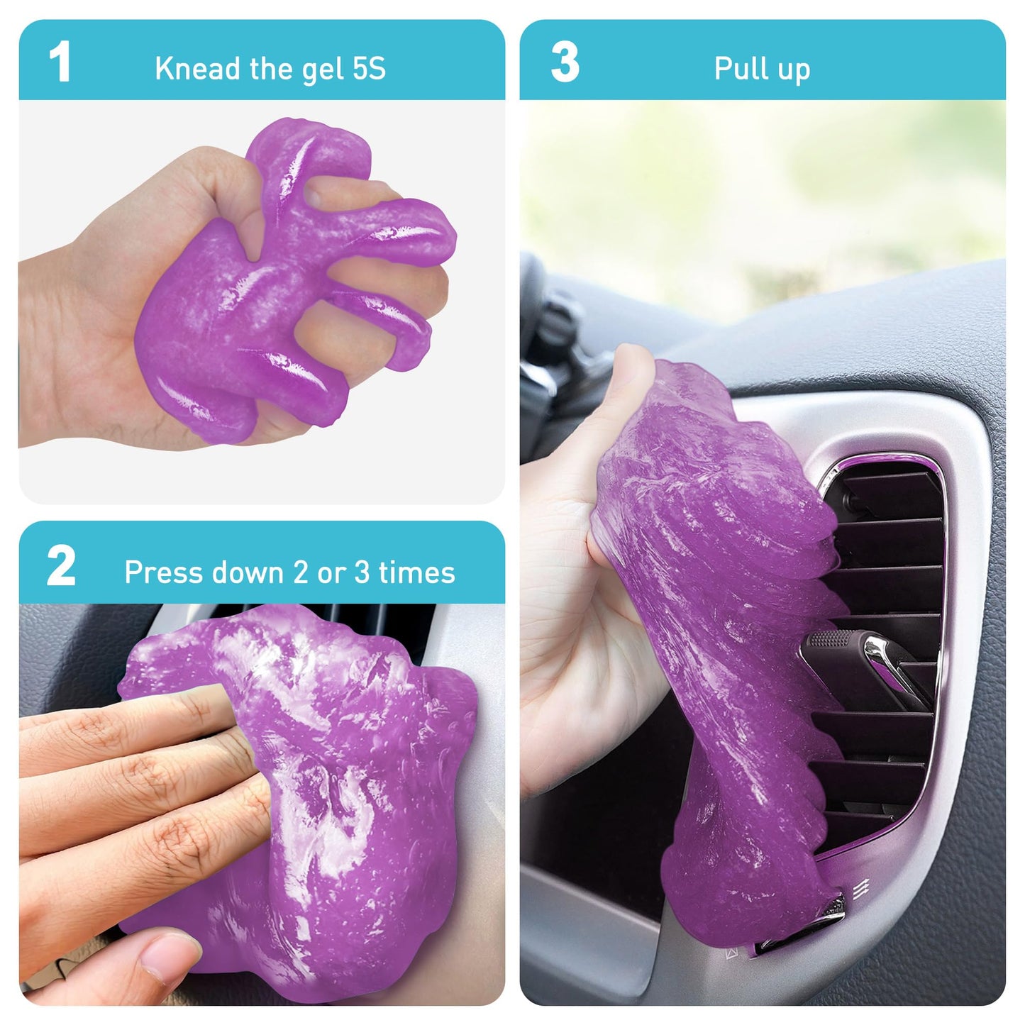 FiveJoy Car Cleaning Gel Kit - Universal Car Detailing Putty for Car Interior - Reusable Clean Goop Cleaner Supplies Auto Slime for Home, Office, Keyboard, Computer (Purple, 3Pack (16.8oz))