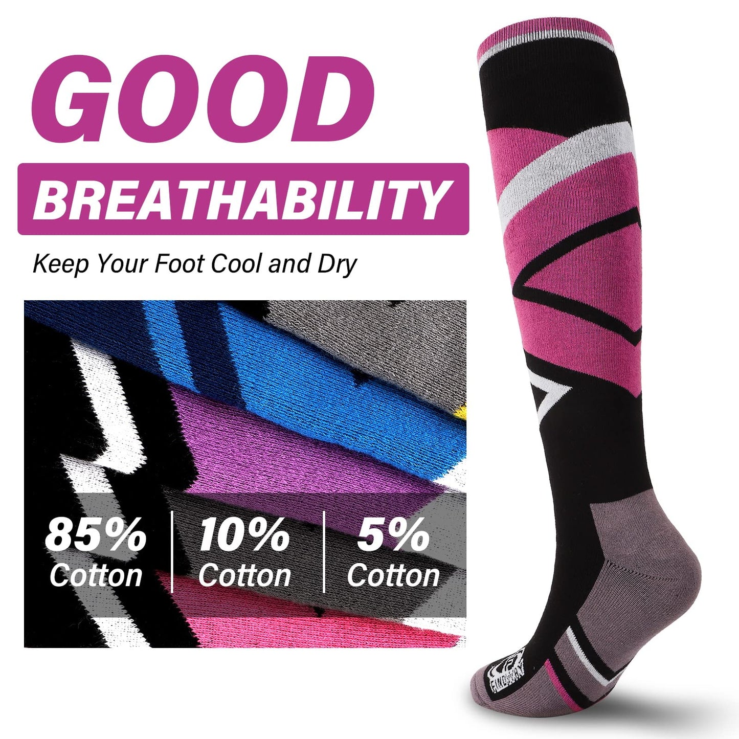findway Ski Socks,Snowboard Socks for Womens Mens, 2 Pairs Winter Warm Knee-high Hiking Athletic Socks