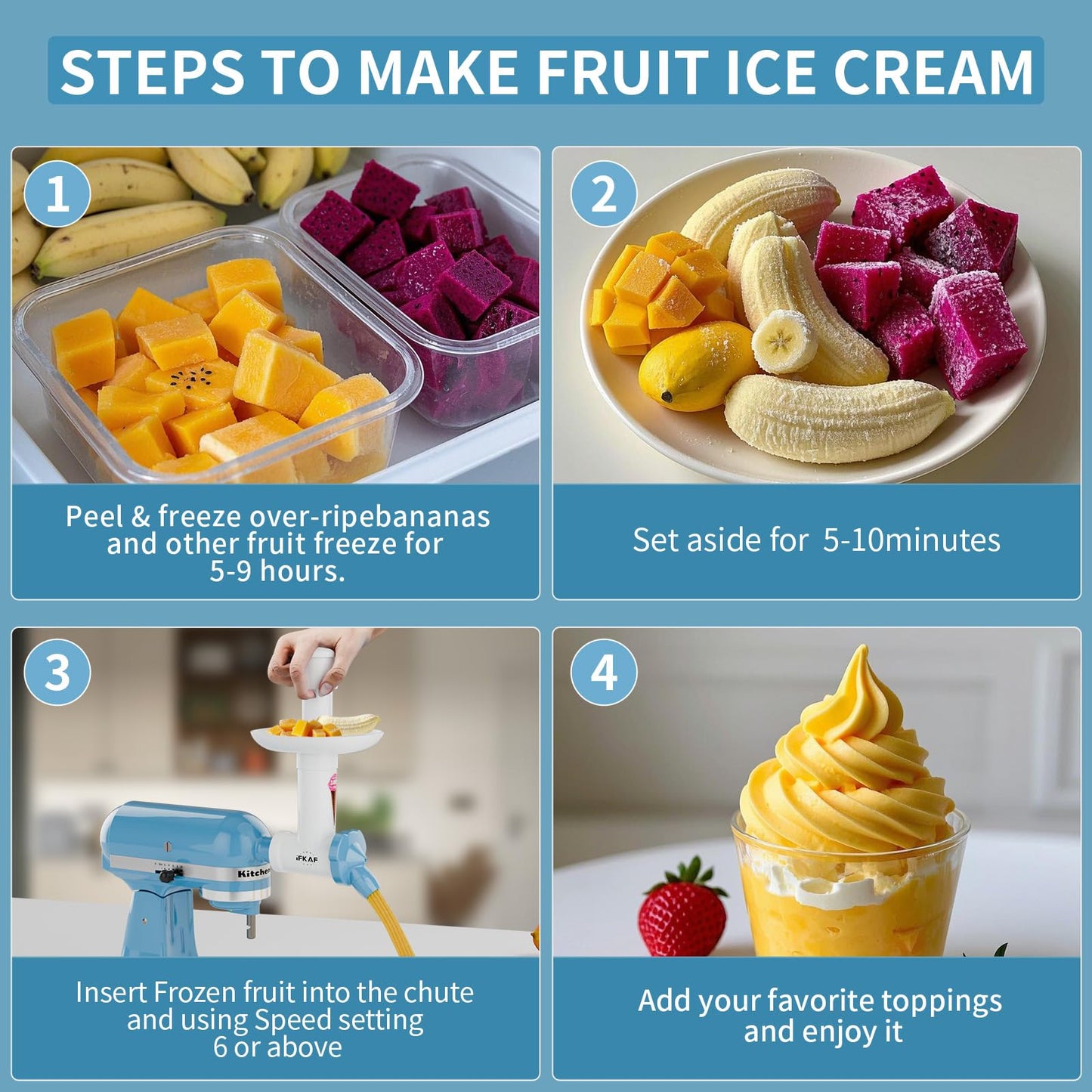 Dairy Free Ice Cream Maker Attachment for KitchenAid Stand Mixer, Natural Frozen Dessert and Yogurt Maker, Gelato Sorbet Maker, Frozen Fruit Ice Cream Maker, Dishwasher Safe