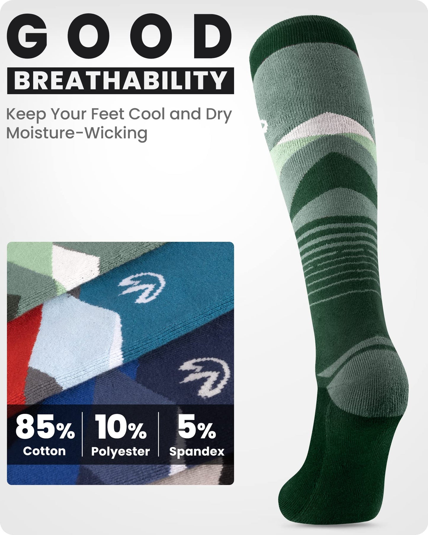 OutdoorMaster Ski Socks, 2-Pair Pack Skiing and Snowboarding Thermal Socks for Men with Non-Slip Cuff Design, Geometric Patterns - Army Green, Medium