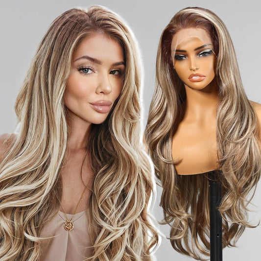 KOME Ash Blonde Synthetic Lace Front Wig,13×6 Blonde mix Brown HD Lace Glueless Wig for Women Daily Use 28IN(TT6/107)