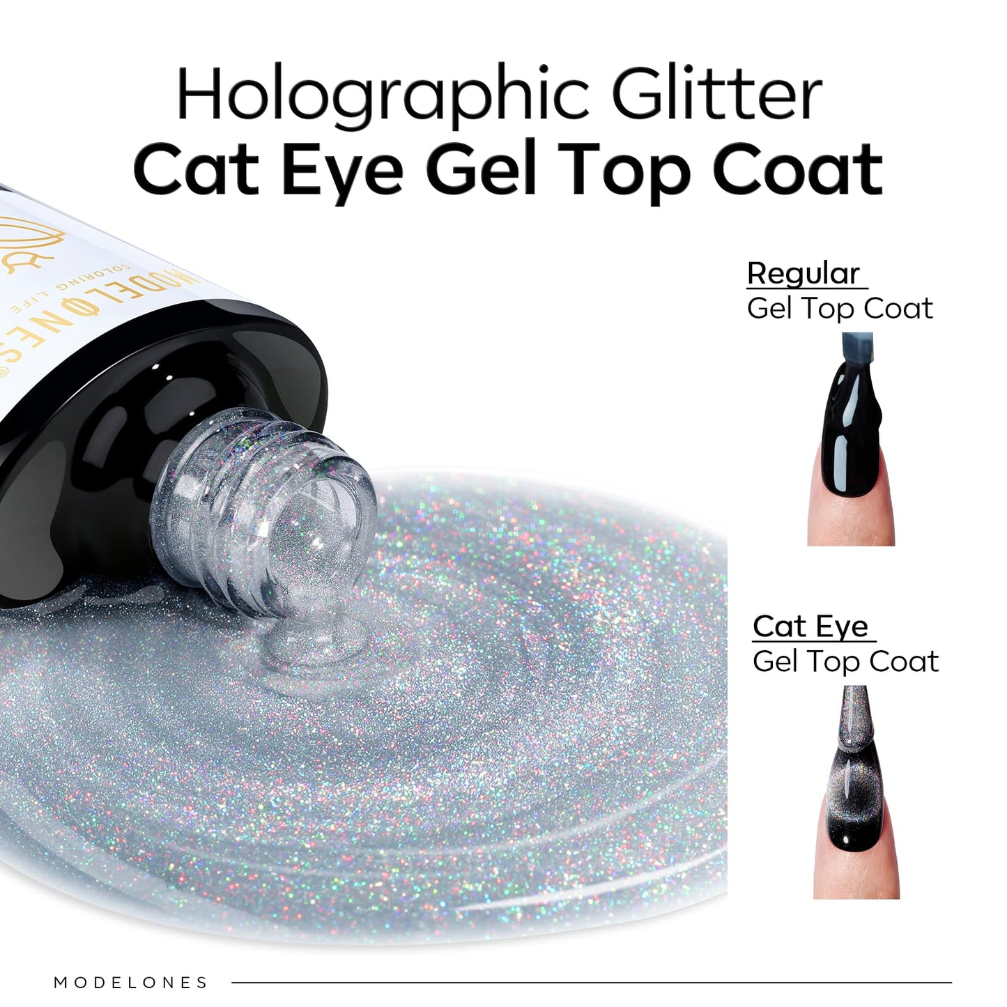 modelones Cat Eye Gel Nail Polish Top Coat, 2-in-one Rainbow 9D Glitter Clear Gel Polish with Magnet Stick Holographic Glossy Finish Long Lasting Soak Off Manicure Home Salon Nail Art 10 ML