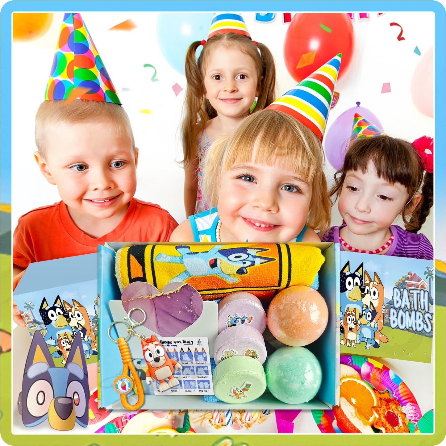 The Blue Heelers Gifts Set: Bath Bombs with Toys Inside, Shower Steamers, Mask Craft, Keychain, Drawstring Backpack, Towel, Blanket, Sticker, Poster, Gift Card, Birthday Gifts for Kids Boys Girls