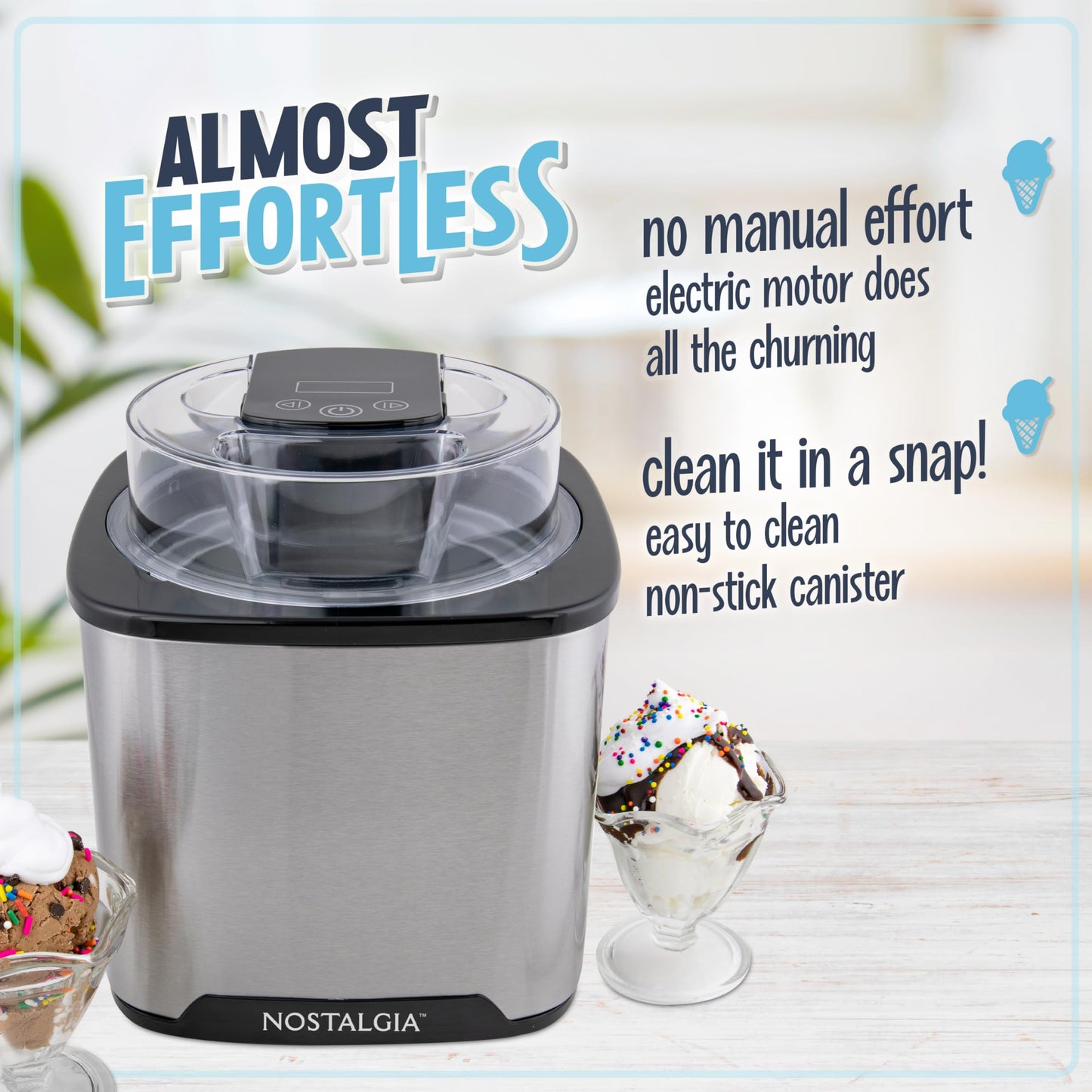 Nostalgia 2-Quart Electric Ice Cream Maker – Make Homemade Ice Cream, Gelato, Sorbet & Frozen Yogurt – No Salt/Ice Needed, Digital Controls, Mix-In Chute & Freezing Gel Canister – Stainless Steel