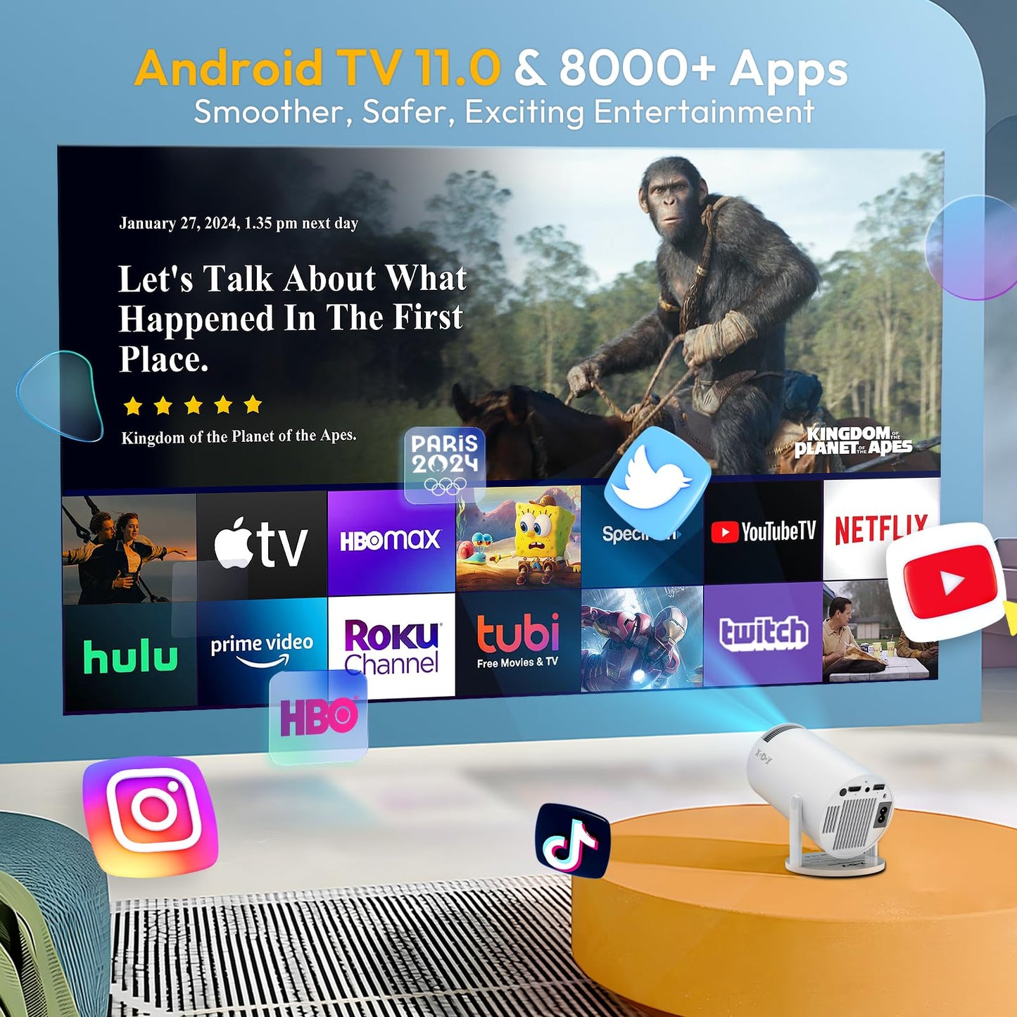 Smart Mini Projector WiFi6 Bluetooth 5.0 XGODY Gimbal 3 Protable Projector 12000L Support 4K with Android TV 11.0, Auto Keystone Correction Video Projector, 180°Rotatable Stand for Home Movie(White)