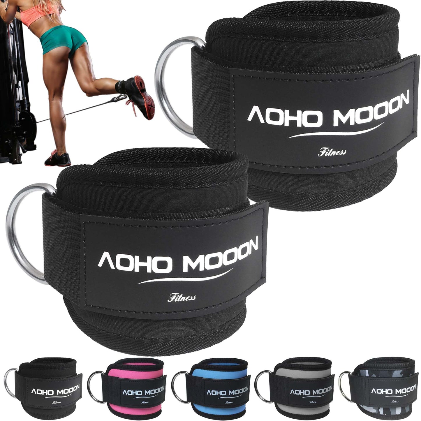AOHO MOOON (Pair) Comfortable Adjustable Ankle Straps for Cable Machines Women, Gym Workout Leg Straps, Ankle Cuffs for Glute Workouts, Foot Straps for Kickback, One Size Fit All with D Ring