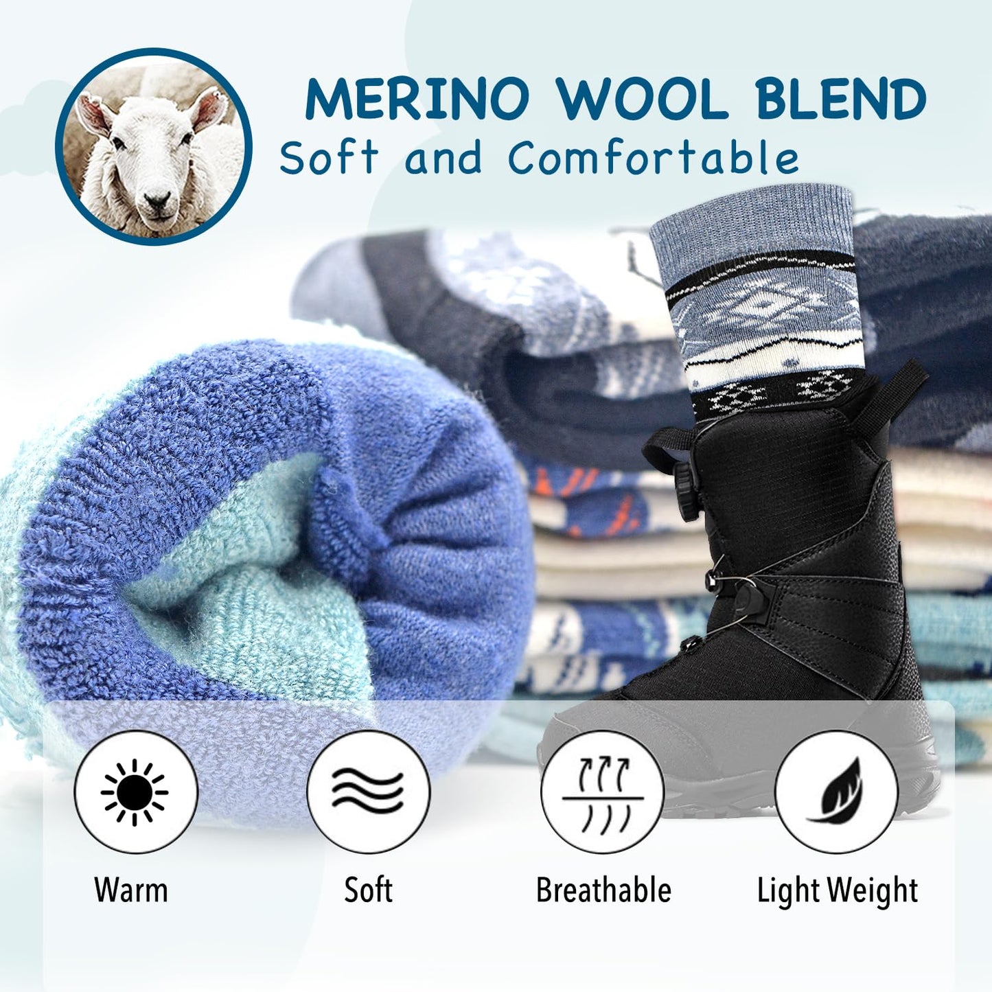 Socks Daze 2 Pack Winter Warm Wool Ski Socks for Kids Boys Girls 10-12 Years Cute Knee High Wool Boot Socks for Hiking Ice Skating, Black + White, Medium