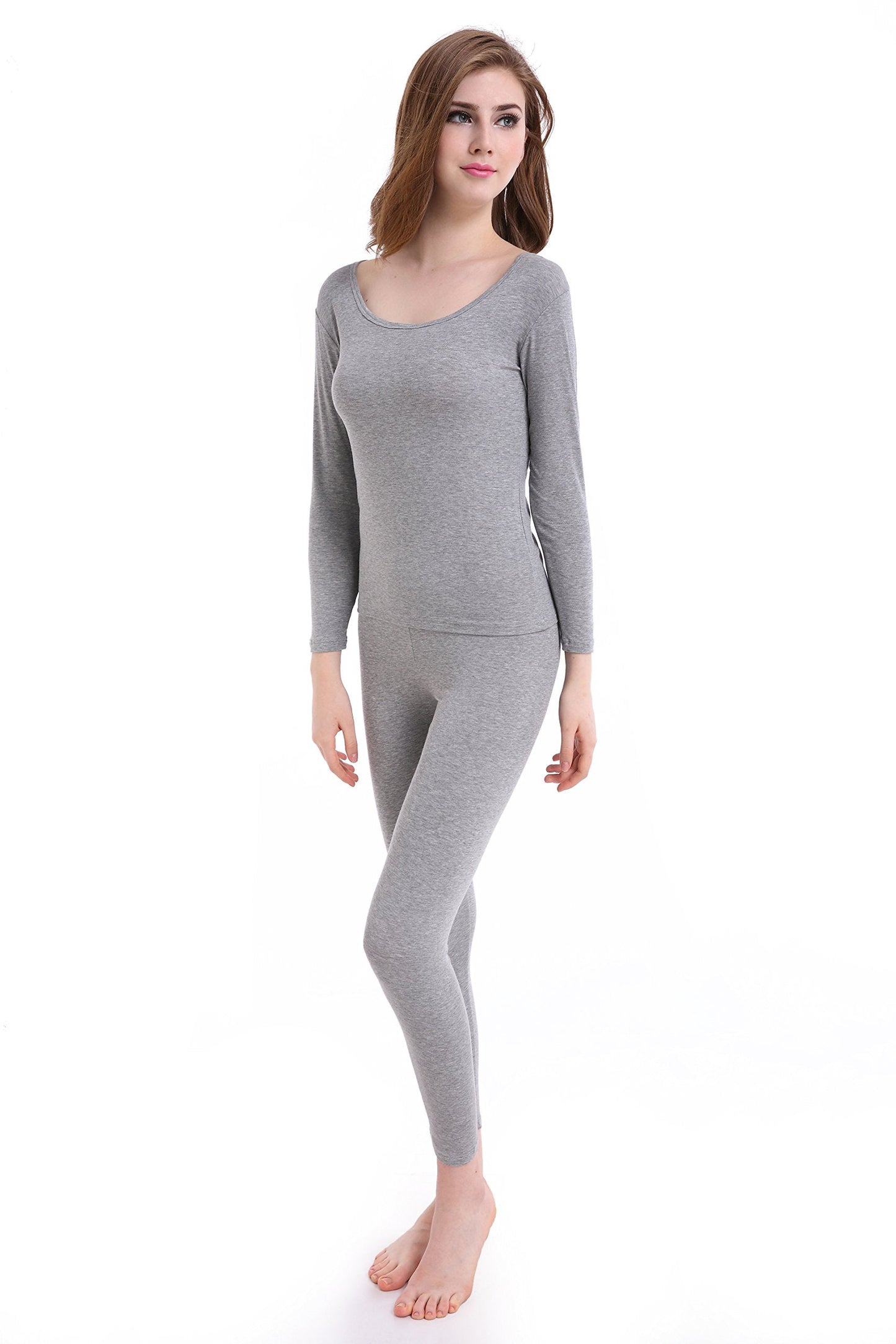 Winter Ultra Thin Long Johns Crew Neck Base Layer Thermal Underwear for Women Light Gray