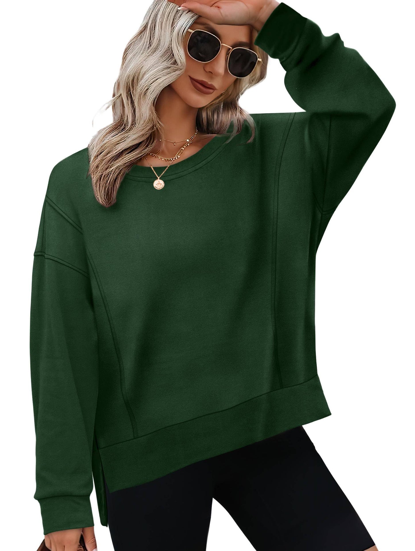 OFEEFAN Long Sleeve Shirts for Women Soft Crewneck Sweatshirts Lightweight Winter Outfits Green L