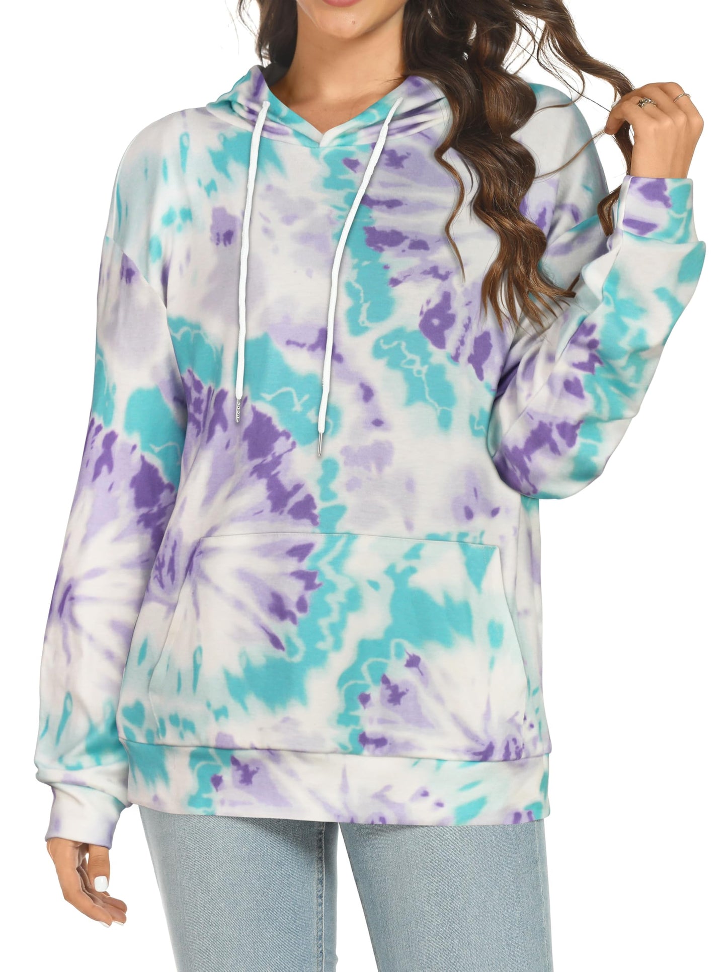 rosemia Hoodies for Women Drawstring Pullover Sweatshirts Casual Long Sleeve Tops with Pocket (Purple Blue Tie Dye,2XL)