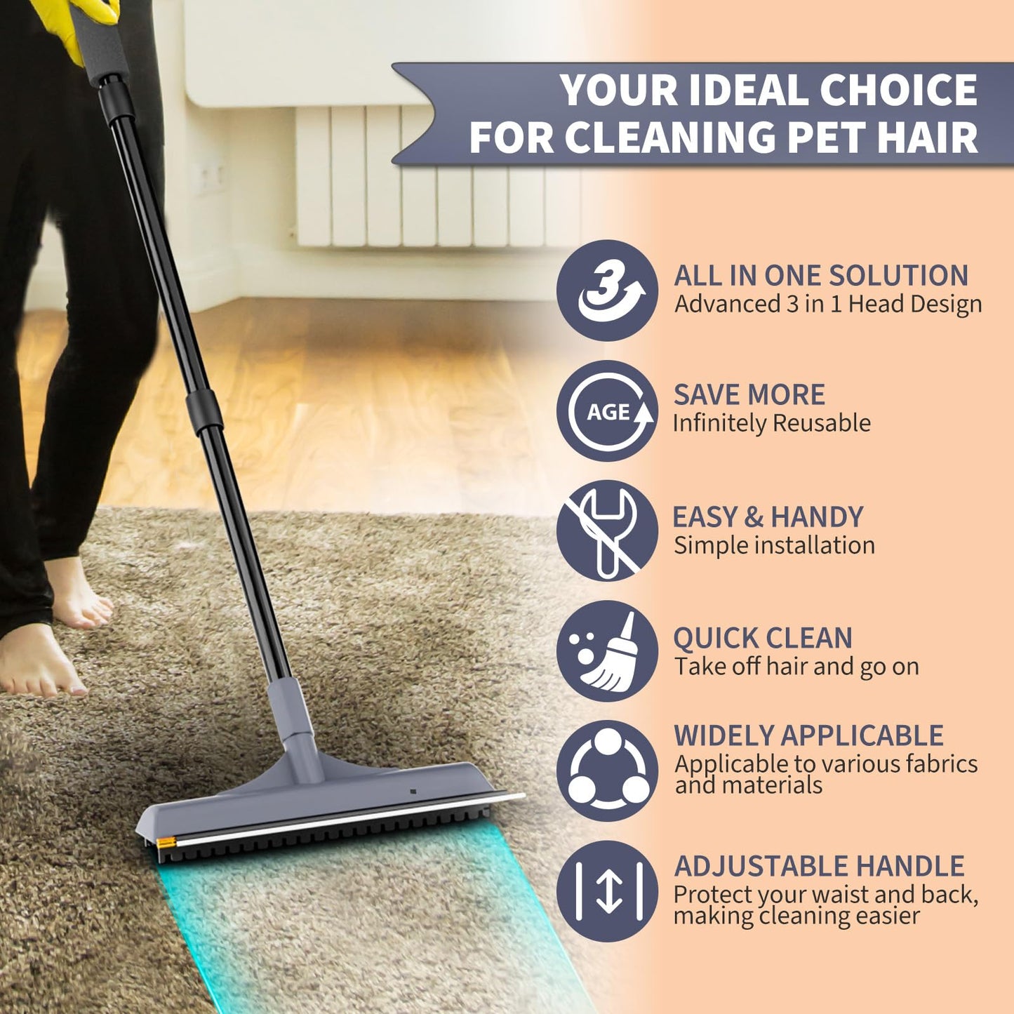 3 in 1 Carpet rake Kit for Pet Hair Removal Tool - Reusable Pet Hair Remover Broom w 58" Adjustable Long Handle, Dog & Cat Carpet Scraper, Pet Hair Remover for Rugs, Mats, Couch, Curtains(Gray)