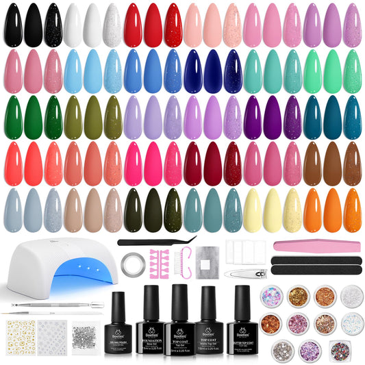 Beetles Gel Nail Polish Kit with U V Light, 32 Colors Gel Polish Nail Kit 55 Pcs Gel Polish Set Base & Matte and Glossy Top Coat Soak Off DIY Nail Art Set Manicure Gifts for Women